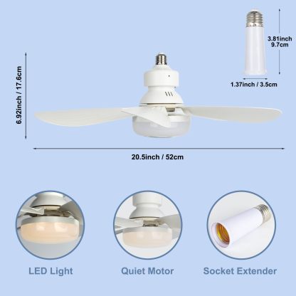 插座风扇灯,20.5 英寸(约 50.9 厘米)灯泡风扇带遥控可调光,螺丝式风扇和灯光组合,适用于车库厨房卧室阳台客厅工具商店洗衣房