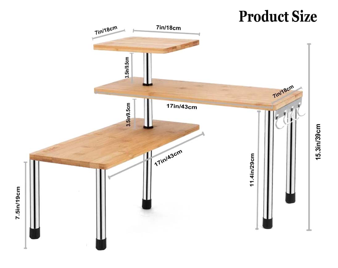 HYNAWIN 3 Tier Corner Shelf Bamboo & Metal Storage Spice Rack-Desk Bookshelf Display Shelves Space Saving Organizer