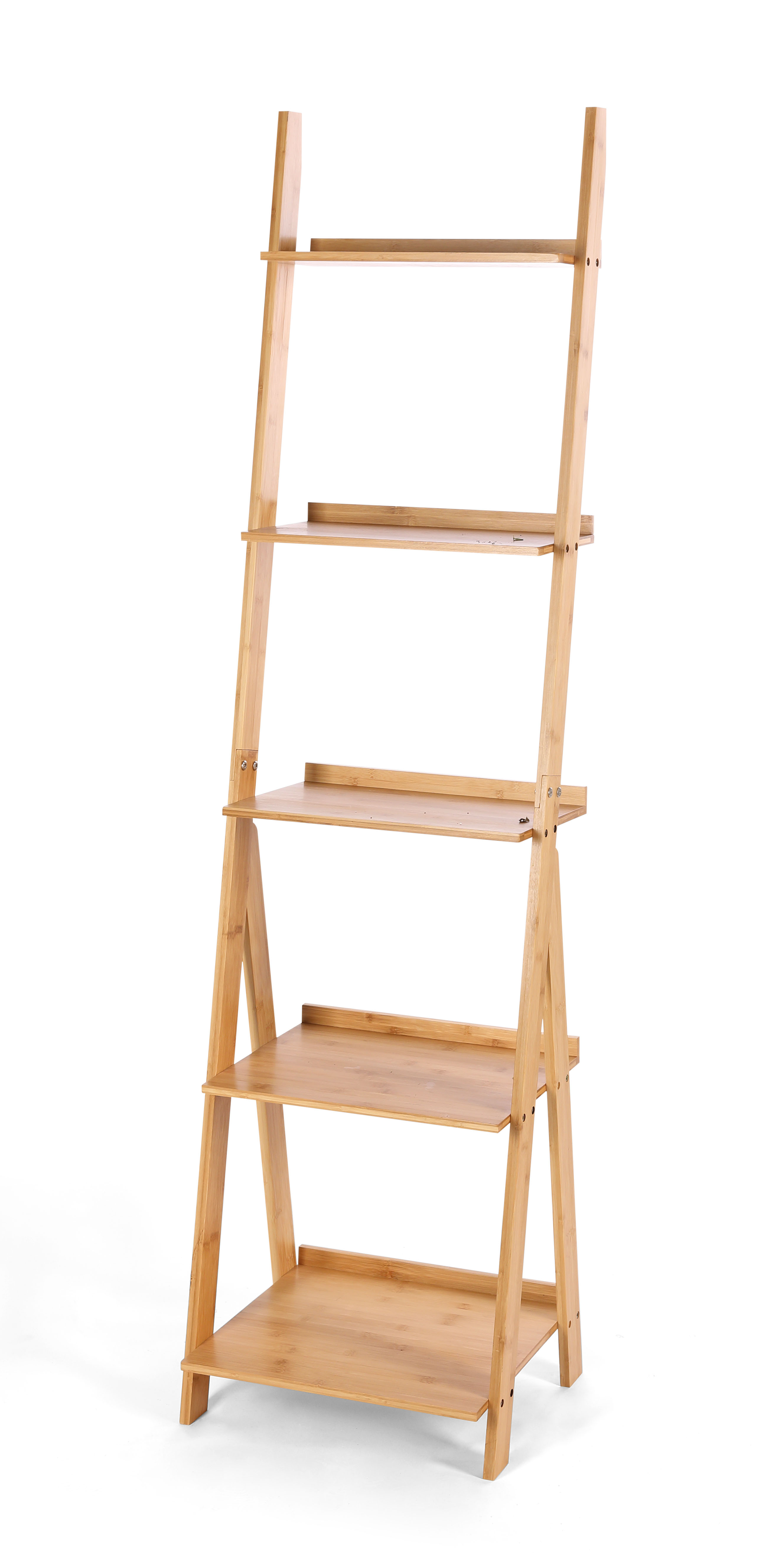 HYNAWIN Ladder Shelf Bookcase,5-Tier Bamboo Storage Rack Shelves Wall Leaning Shelf Unit,FreeStanding Plant Stand, Corner Display Shelves for Living Room, Bathroom, Kitchen, Office(65in)