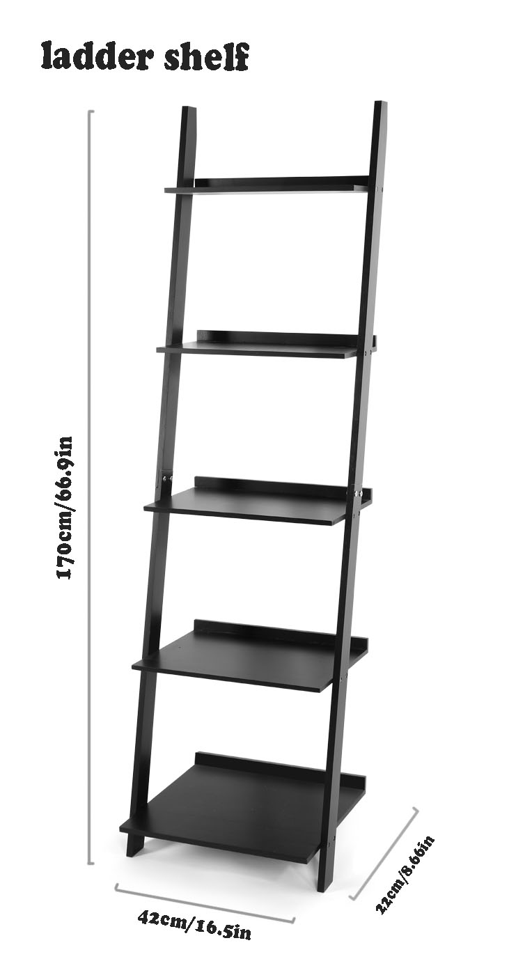 HYNAWIN Ladder Shelf Bookcase,5-Tier Bamboo Storage Rack Shelves Wall Leaning Shelf Unit,FreeStanding Plant Stand, Corner Display Shelves for Living Room, Bathroom, Kitchen, Office(65in)