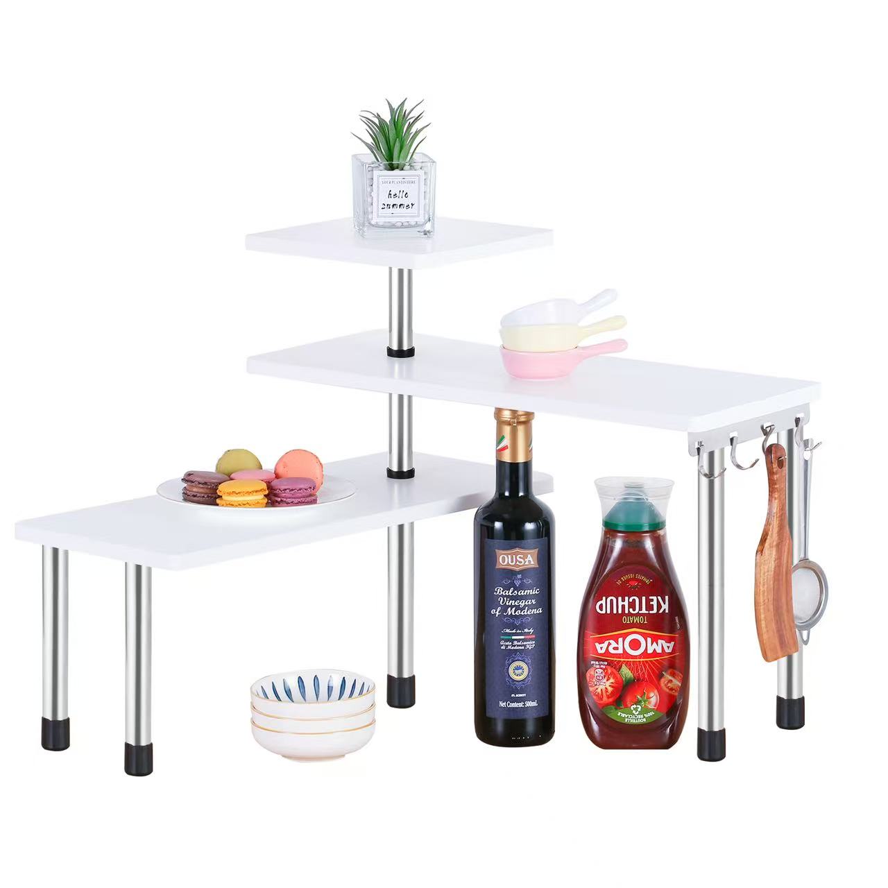 HYNAWIN 3 Tier Corner Shelf Bamboo & Metal Storage Spice Rack-Desk Bookshelf Display Shelves Space Saving Organizer -Adjustable Rack for Kitchen,Bedroom, Office-Creative Home Décor with Hooks