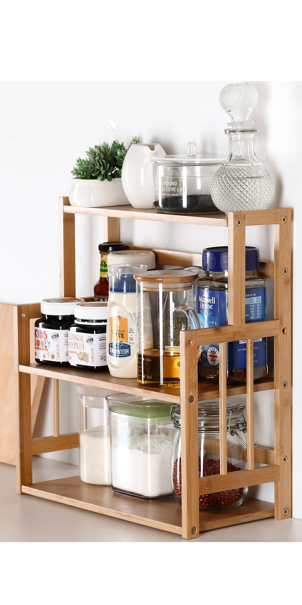 HYNAWIN Bamboo Spice Rack Storage Shelves-3 tier Standing pantry Shelf for kitchen counter storage,Bathroom Countertop Storage Organizer Desk Bookshelf with Adjustable Shelf Cabinet, Wooden