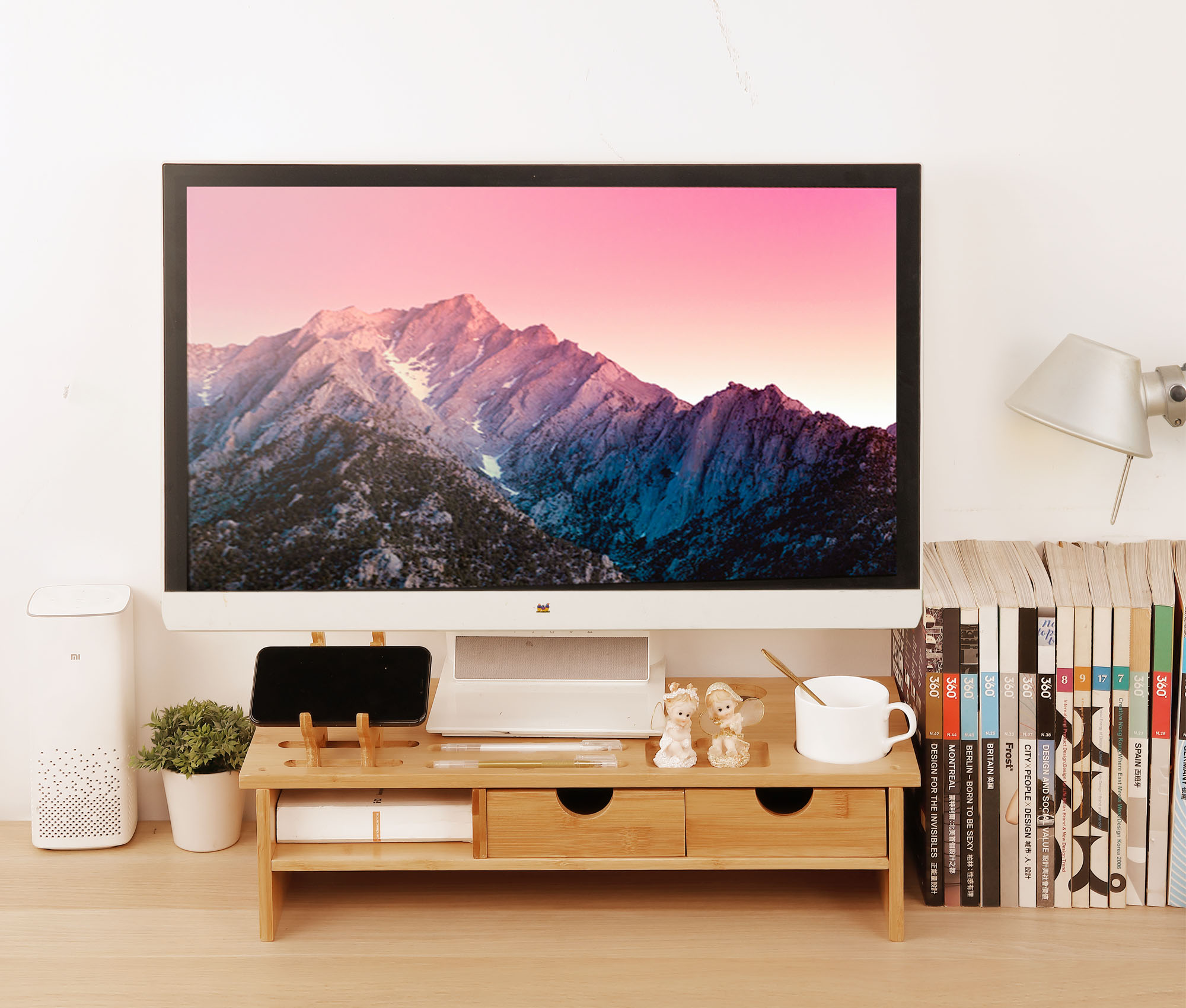 Monitor Stand Riser Desk Organizer-Bamboo 2 Tier Laptop Stand with Drawers, Adjustable Desktop Storage Organizer for Computer, Printer, Cellphone