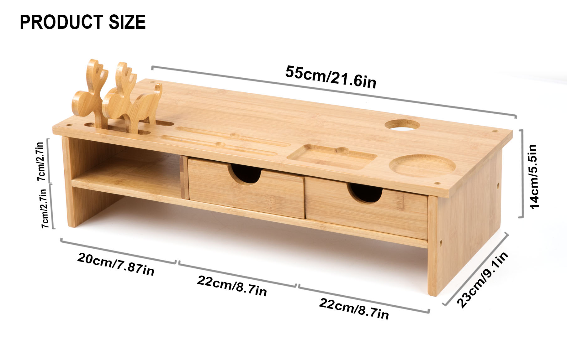Monitor Stand Riser Desk Organizer-Bamboo 2 Tier Laptop Stand with Drawers, Adjustable Desktop Storage Organizer for Computer, Printer, Cellphone