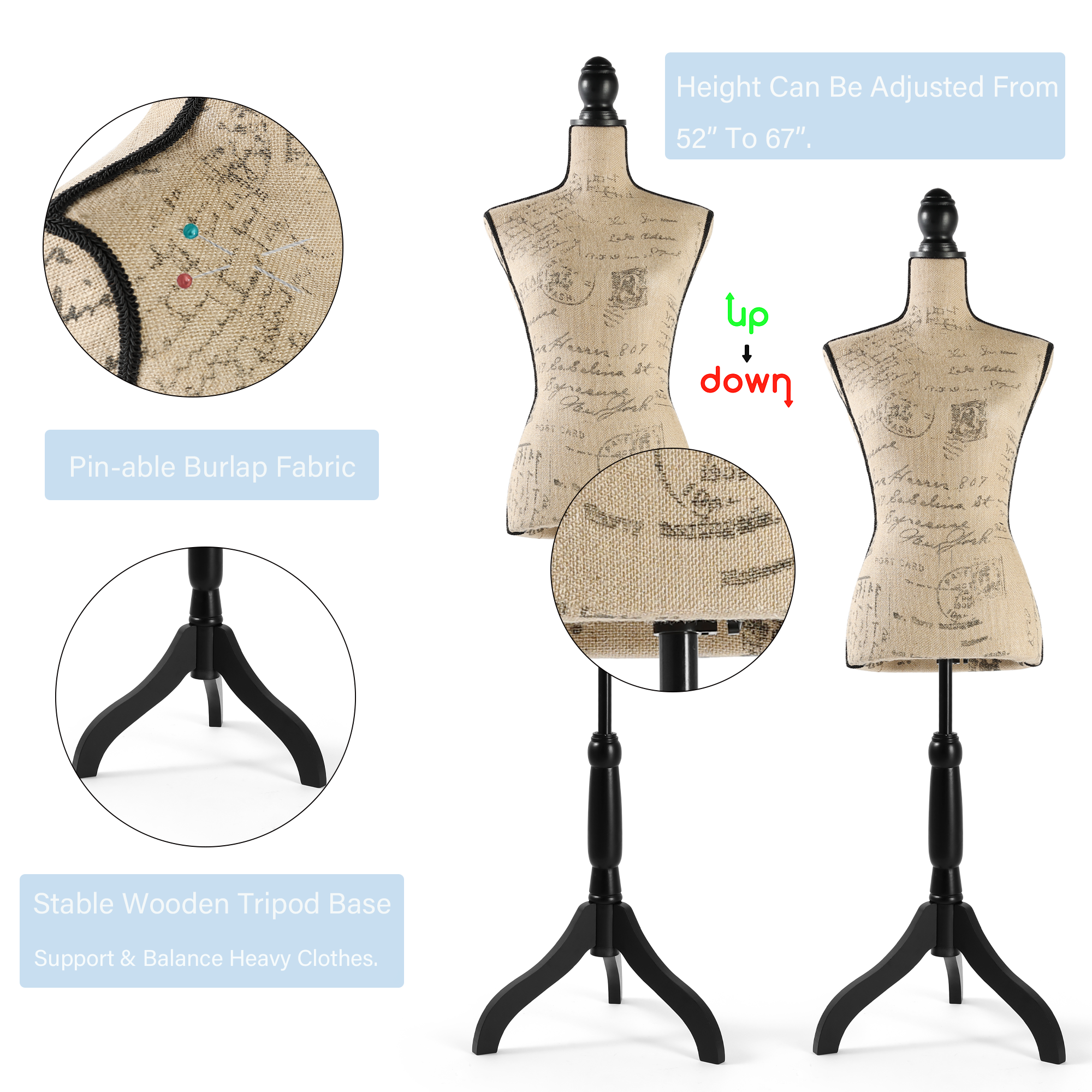 Female Dress Form Mannequin Torso Adjustable Height Mannequin Body with Tripod Stand for Clothing Dress Jewelry Display, Beige Printing