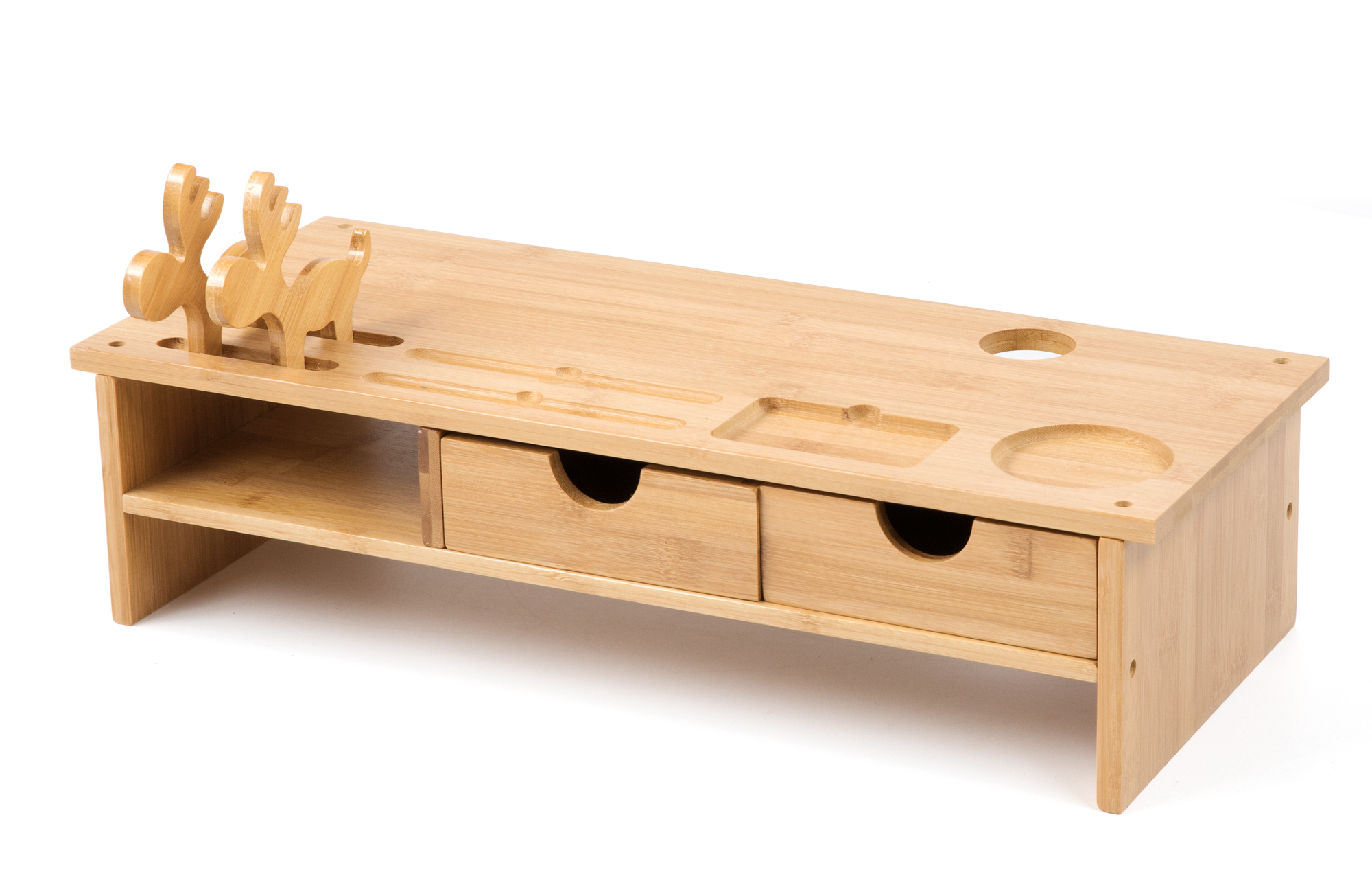 Monitor Stand Riser Desk Organizer-Bamboo 2 Tier Laptop Stand with Drawers, Adjustable Desktop Storage Organizer for Computer, Printer, Cellphone