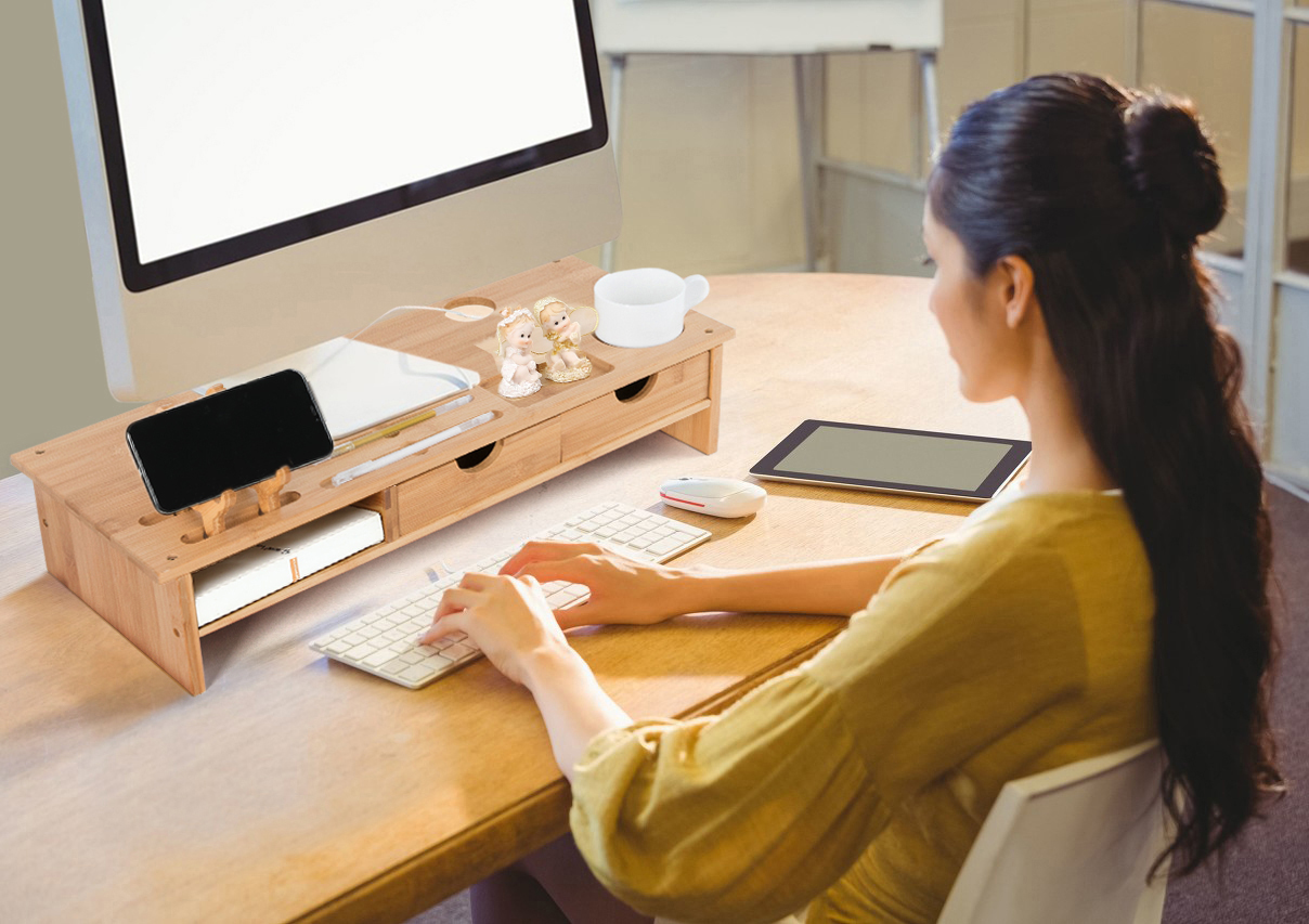 Monitor Stand Riser Desk Organizer-Bamboo 2 Tier Laptop Stand with Drawers, Adjustable Desktop Storage Organizer for Computer, Printer, Cellphone