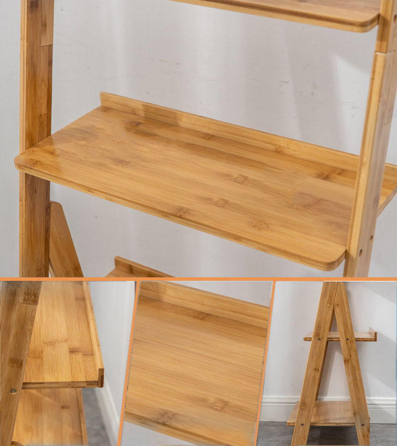 HYNAWIN Ladder Shelf Bookcase,5-Tier Bamboo Storage Rack Shelves Wall Leaning Shelf Unit,FreeStanding Plant Stand, Corner Display Shelves for Living Room, Bathroom, Kitchen, Office(65in)