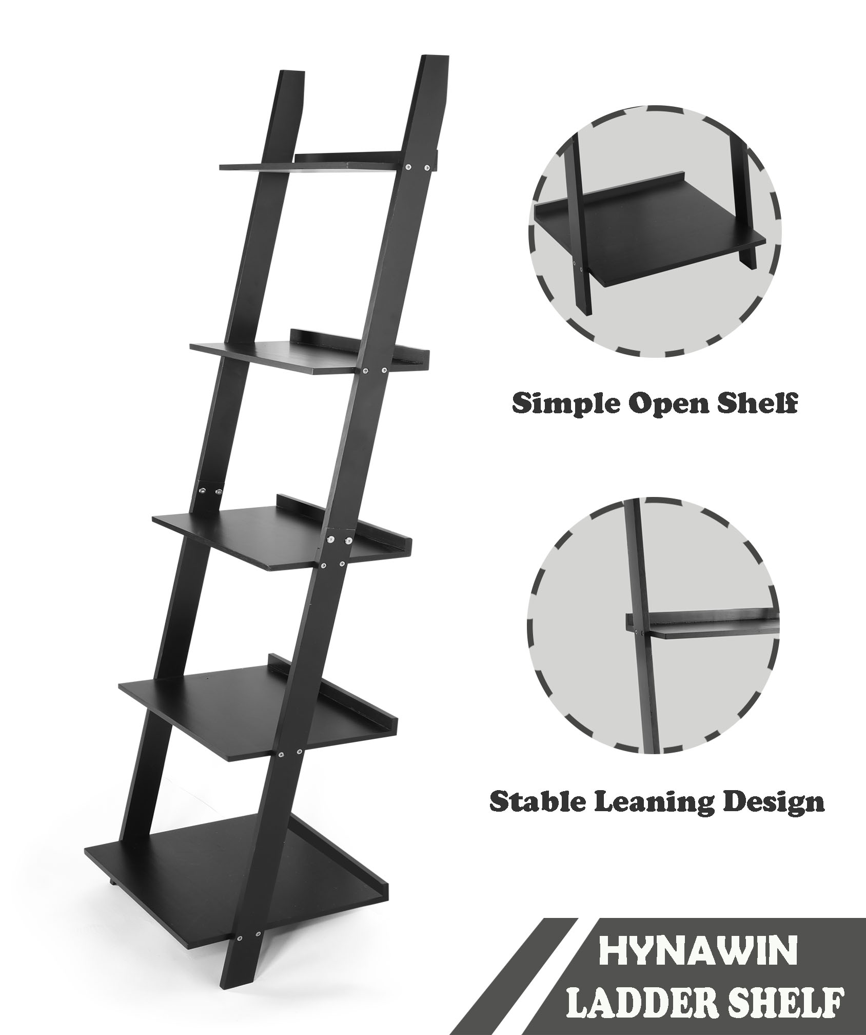 HYNAWIN Ladder Shelf Bookcase,5-Tier Bamboo Storage Rack Shelves Wall Leaning Shelf Unit,FreeStanding Plant Stand, Corner Display Shelves for Living Room, Bathroom, Kitchen, Office(65in)