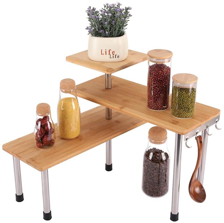 HYNAWIN 3 Tier Corner Shelf Bamboo & Metal Storage Spice Rack-Desk Bookshelf Display Shelves Space Saving Organizer