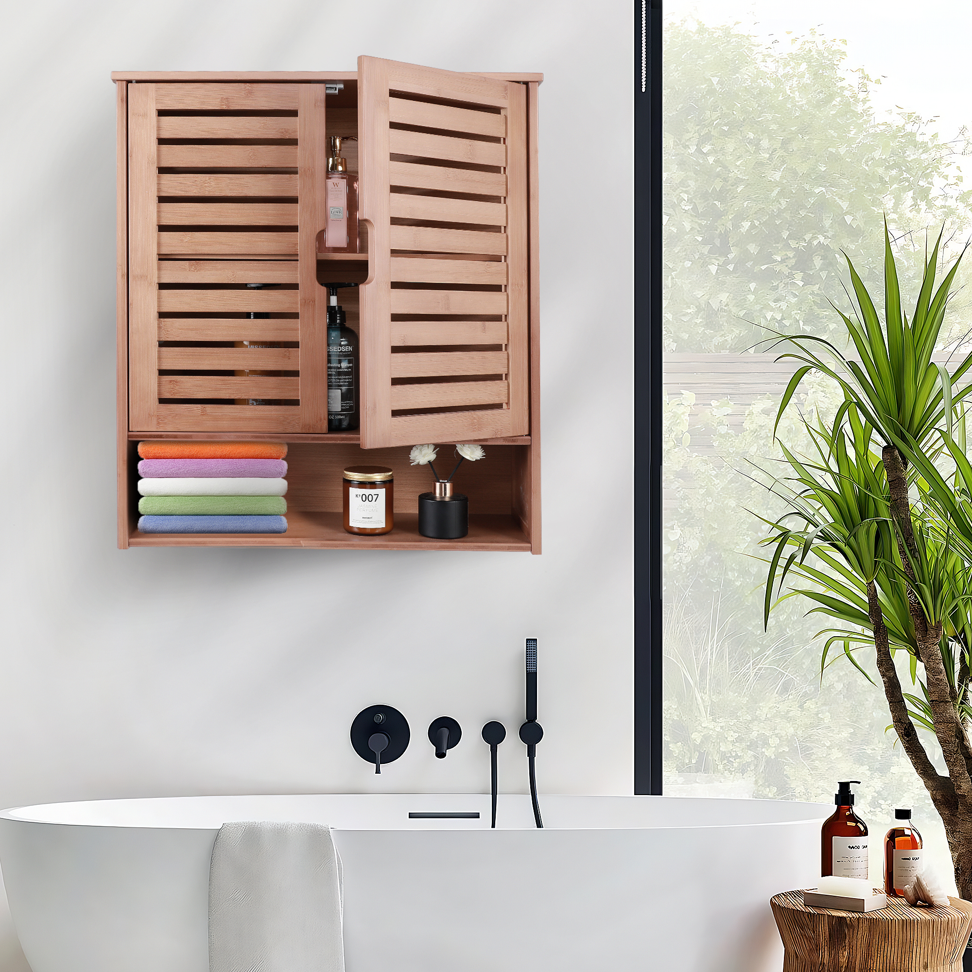 HYNAWIN Bamboo Wall Cabinet with Adjustable Shelf, Medicine Cabinet for Bathroom Living Room, Over-The-Toilet Floating Cabinet