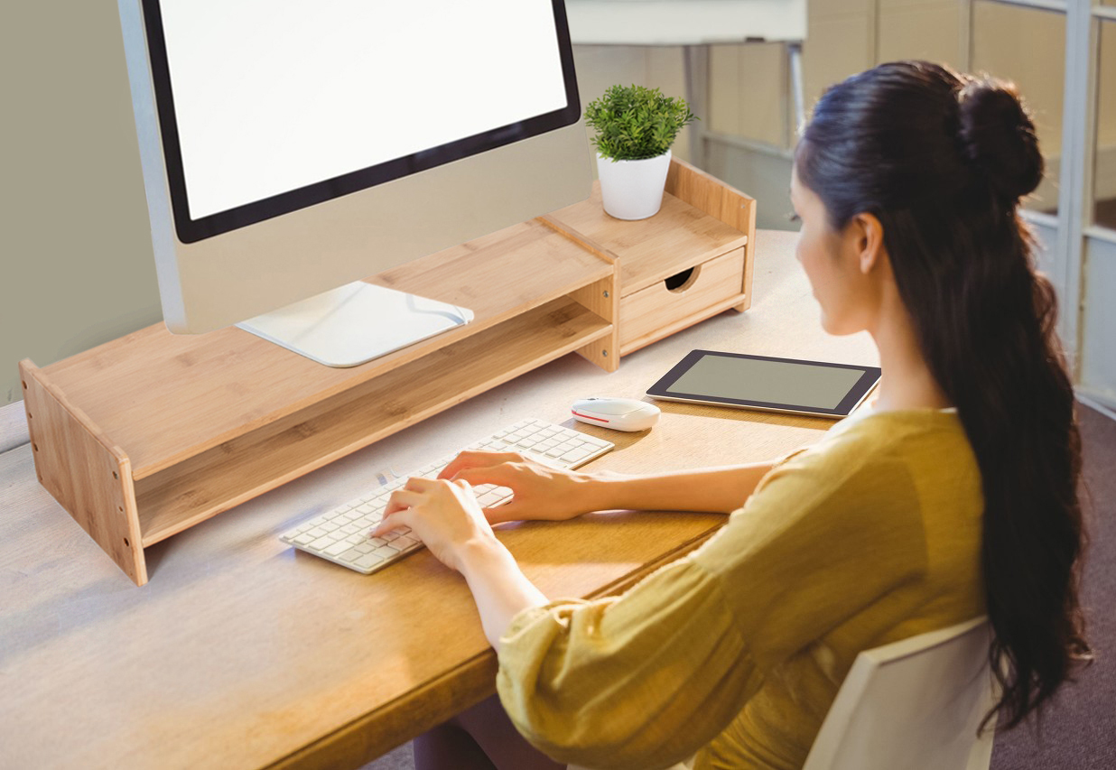 Monitor Stand Riser Desk Organizer-Bamboo 2 Tier Laptop Stand With Drawers, Adjustable Desktop Storage Organizer For Computer, Printer, Cellphone-Use In Office,Home /Reduce Neck &Eye Strain(Basic)