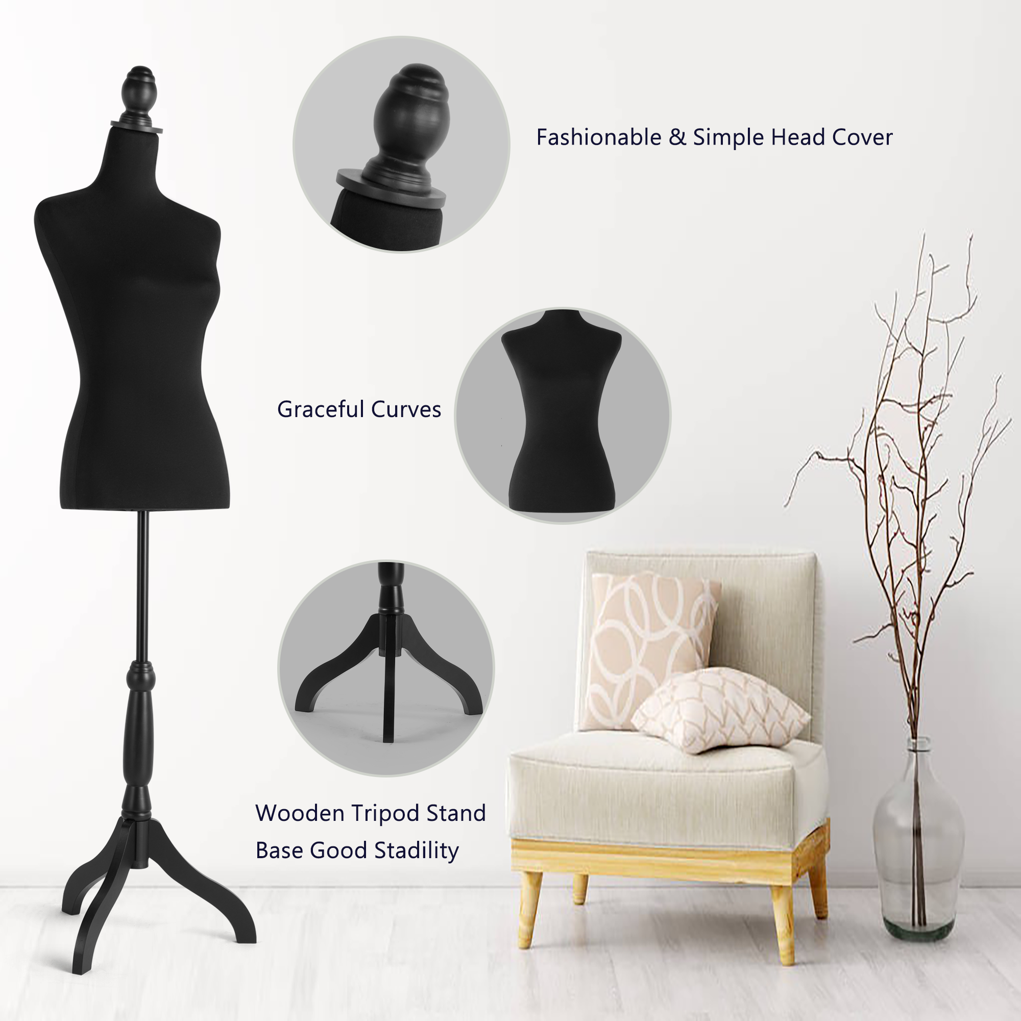 Female Dress Form White Mannequin Body w/ Detachable Black Torso Cover Mannequin Torso with Adjustable Tripod Stand for Clothing Dress Jewelry Display