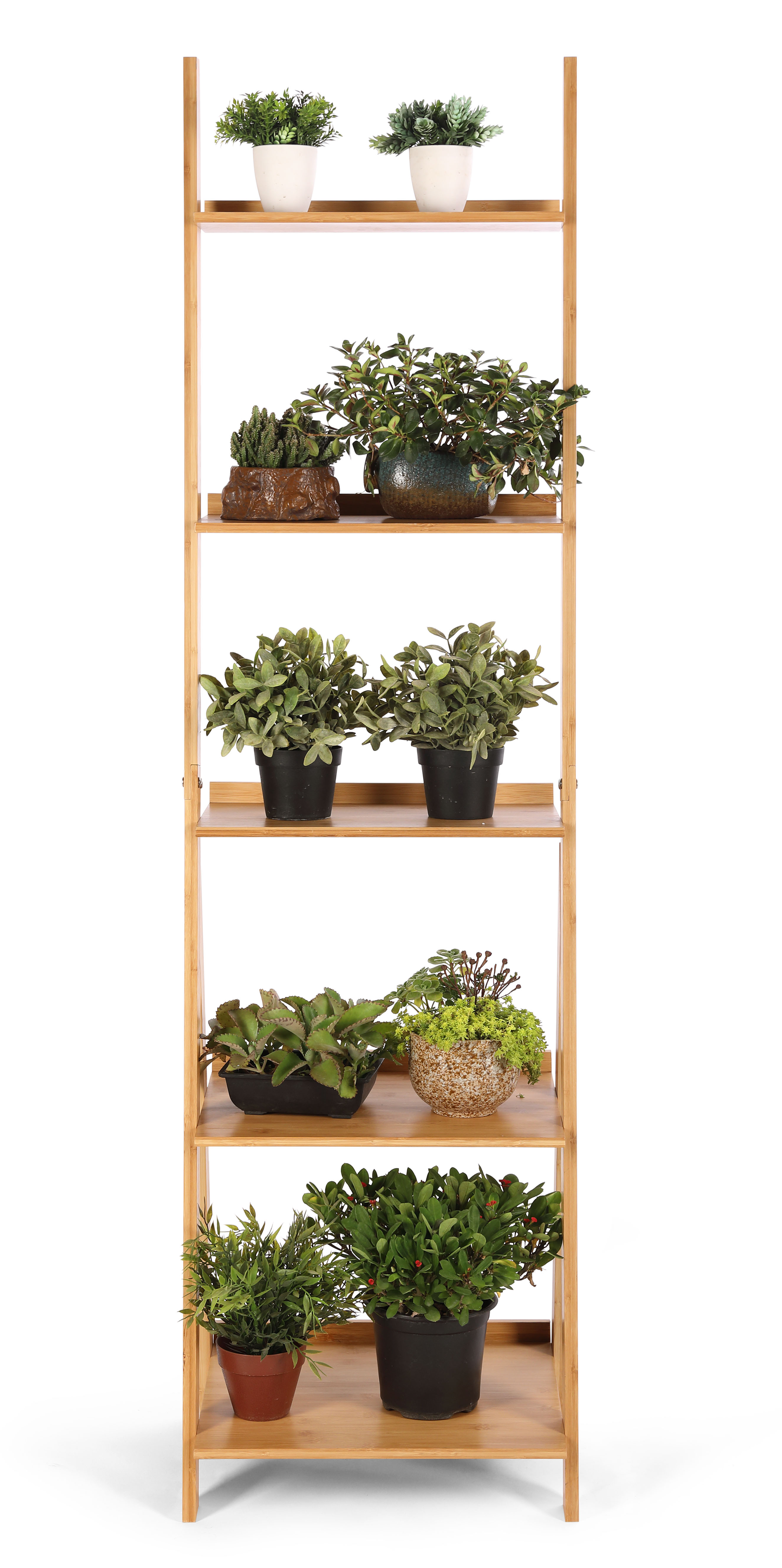 HYNAWIN Ladder Shelf Bookcase,5-Tier Bamboo Storage Rack Shelves Wall Leaning Shelf Unit,FreeStanding Plant Stand, Corner Display Shelves for Living Room, Bathroom, Kitchen, Office(65in)