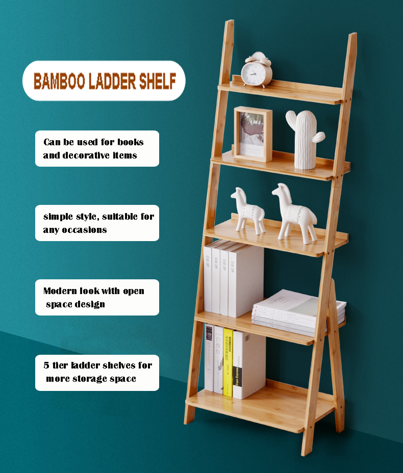 HYNAWIN Ladder Shelf Bookcase,5-Tier Bamboo Storage Rack Shelves Wall Leaning Shelf Unit,FreeStanding Plant Stand, Corner Display Shelves for Living Room, Bathroom, Kitchen, Office(65in)
