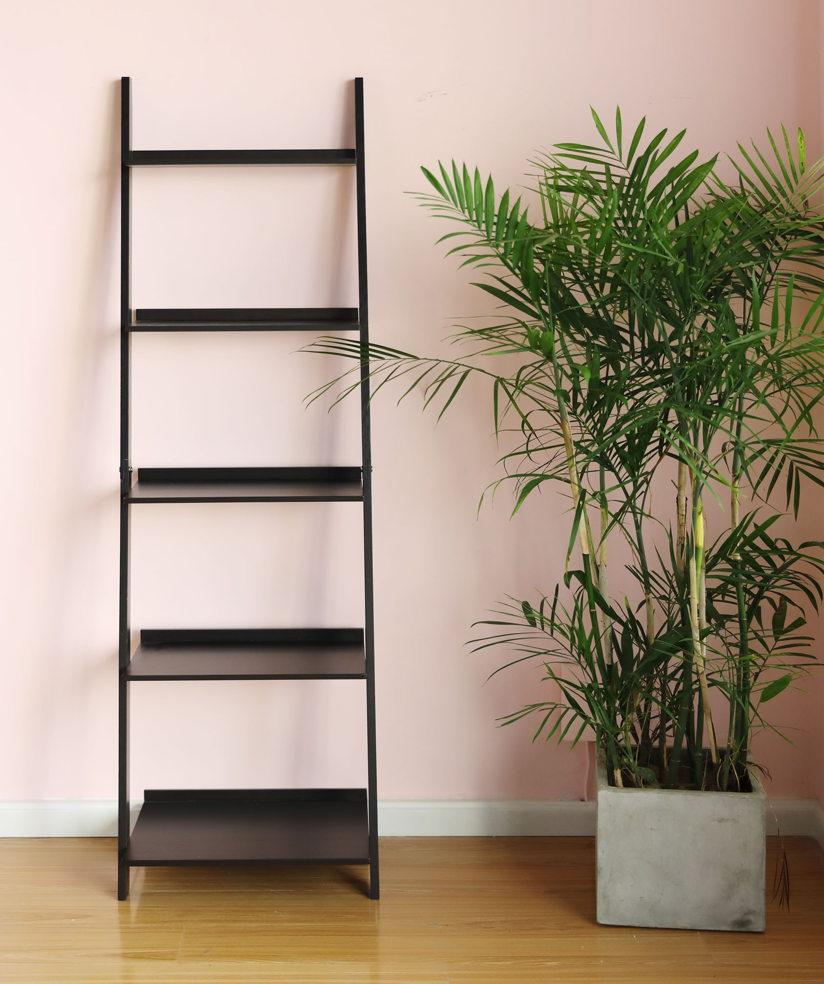 HYNAWIN Ladder Shelf Bookcase,5-Tier Bamboo Storage Rack Shelves Wall Leaning Shelf Unit,FreeStanding Plant Stand, Corner Display Shelves for Living Room, Bathroom, Kitchen, Office(65in)