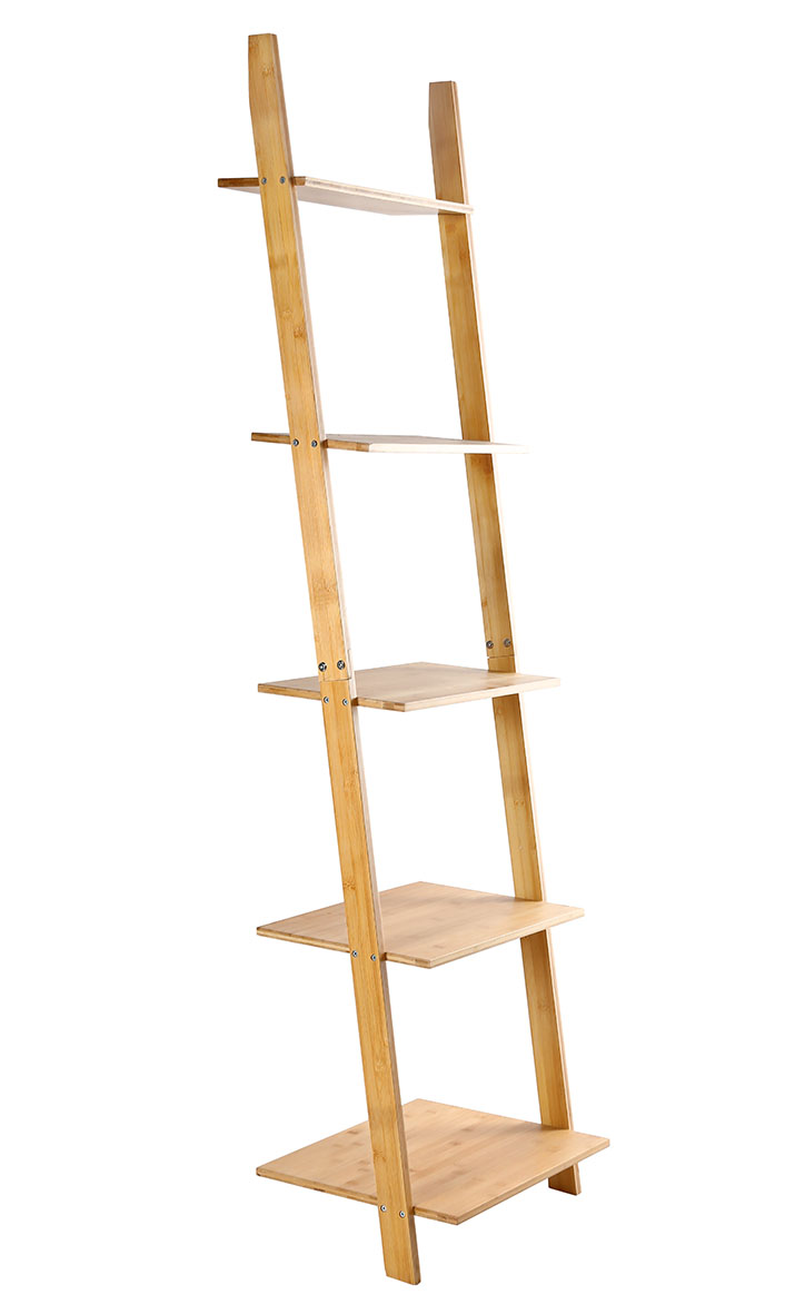 HYNAWIN Ladder Shelf Bookcase,5-Tier Bamboo Storage Rack Shelves Wall Leaning Shelf Unit,FreeStanding Plant Stand, Corner Display Shelves for Living Room, Bathroom, Kitchen, Office(65in)