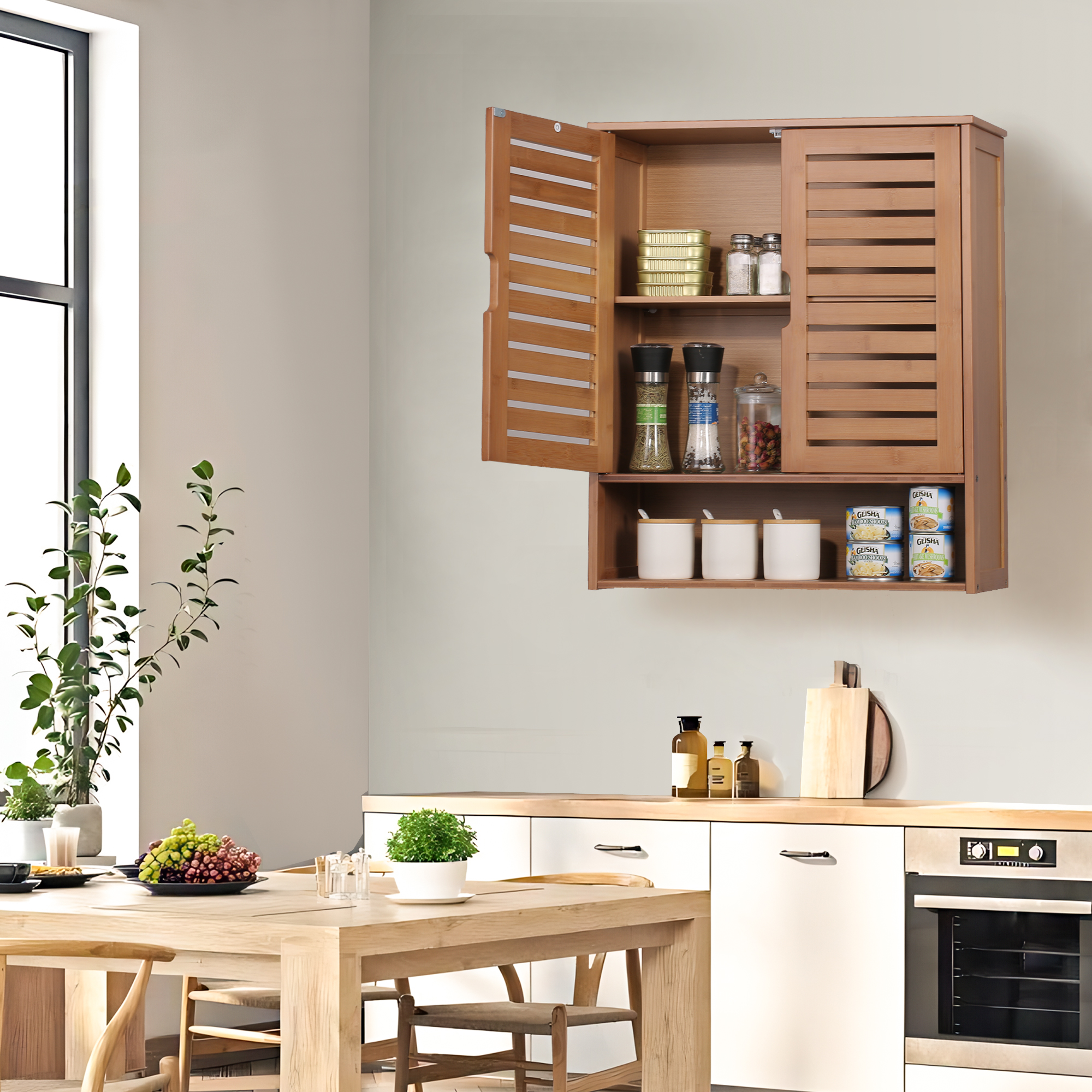 HYNAWIN Bamboo Wall Cabinet with Adjustable Shelf, Medicine Cabinet for Bathroom Living Room, Over-The-Toilet Floating Cabinet