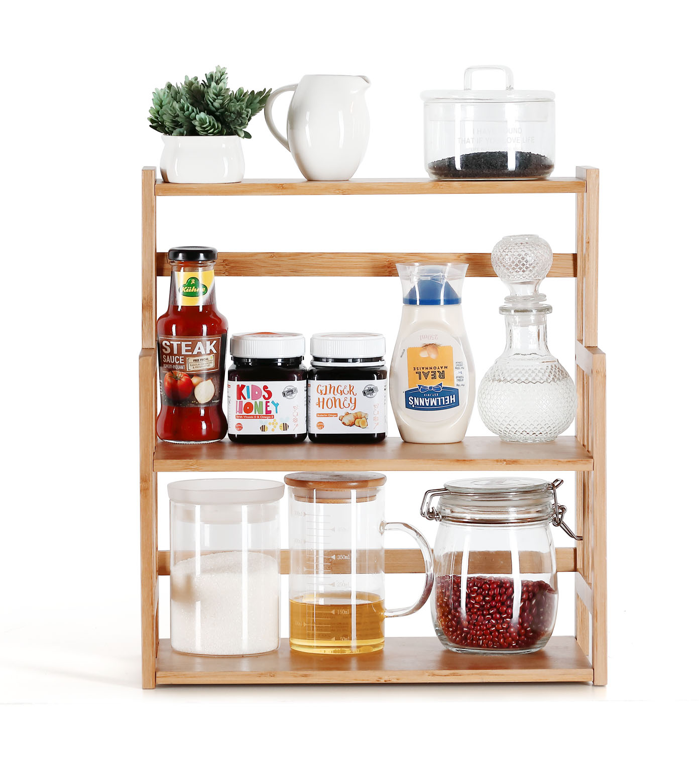 HYNAWIN Bamboo Spice Rack Storage Shelves-3 tier Standing pantry Shelf for kitchen counter storage,Bathroom Countertop Storage Organizer Desk Bookshelf with Adjustable Shelf Cabinet, Wooden
