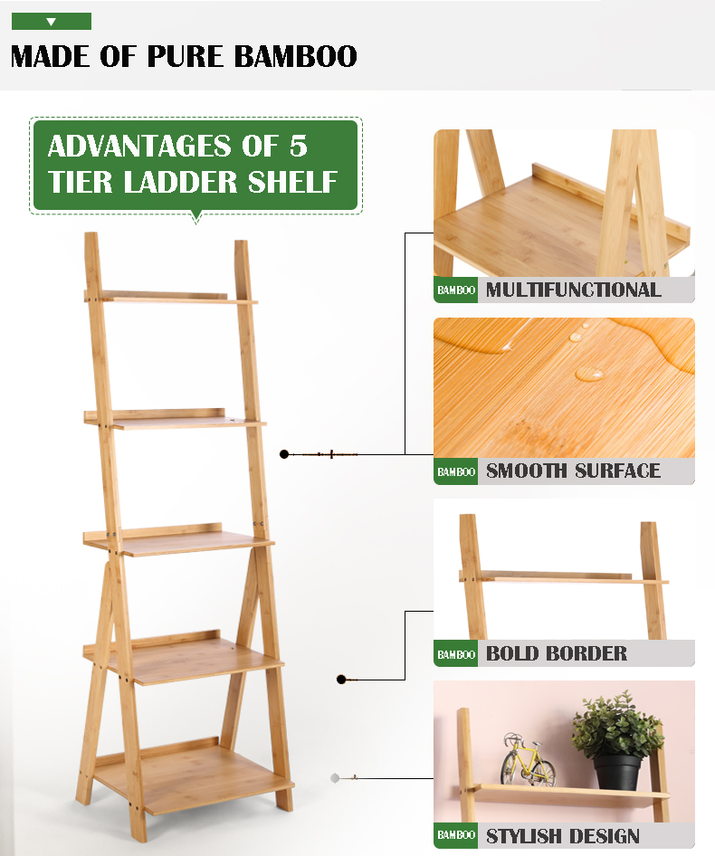 HYNAWIN Ladder Shelf Bookcase,5-Tier Bamboo Storage Rack Shelves Wall Leaning Shelf Unit,FreeStanding Plant Stand, Corner Display Shelves for Living Room, Bathroom, Kitchen, Office(65in)