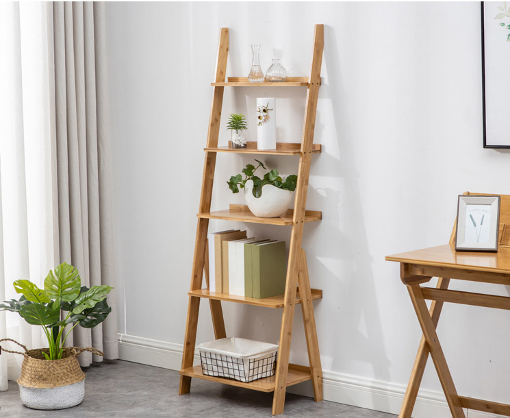 HYNAWIN Ladder Shelf Bookcase,5-Tier Bamboo Storage Rack Shelves Wall Leaning Shelf Unit,FreeStanding Plant Stand, Corner Display Shelves for Living Room, Bathroom, Kitchen, Office(65in)