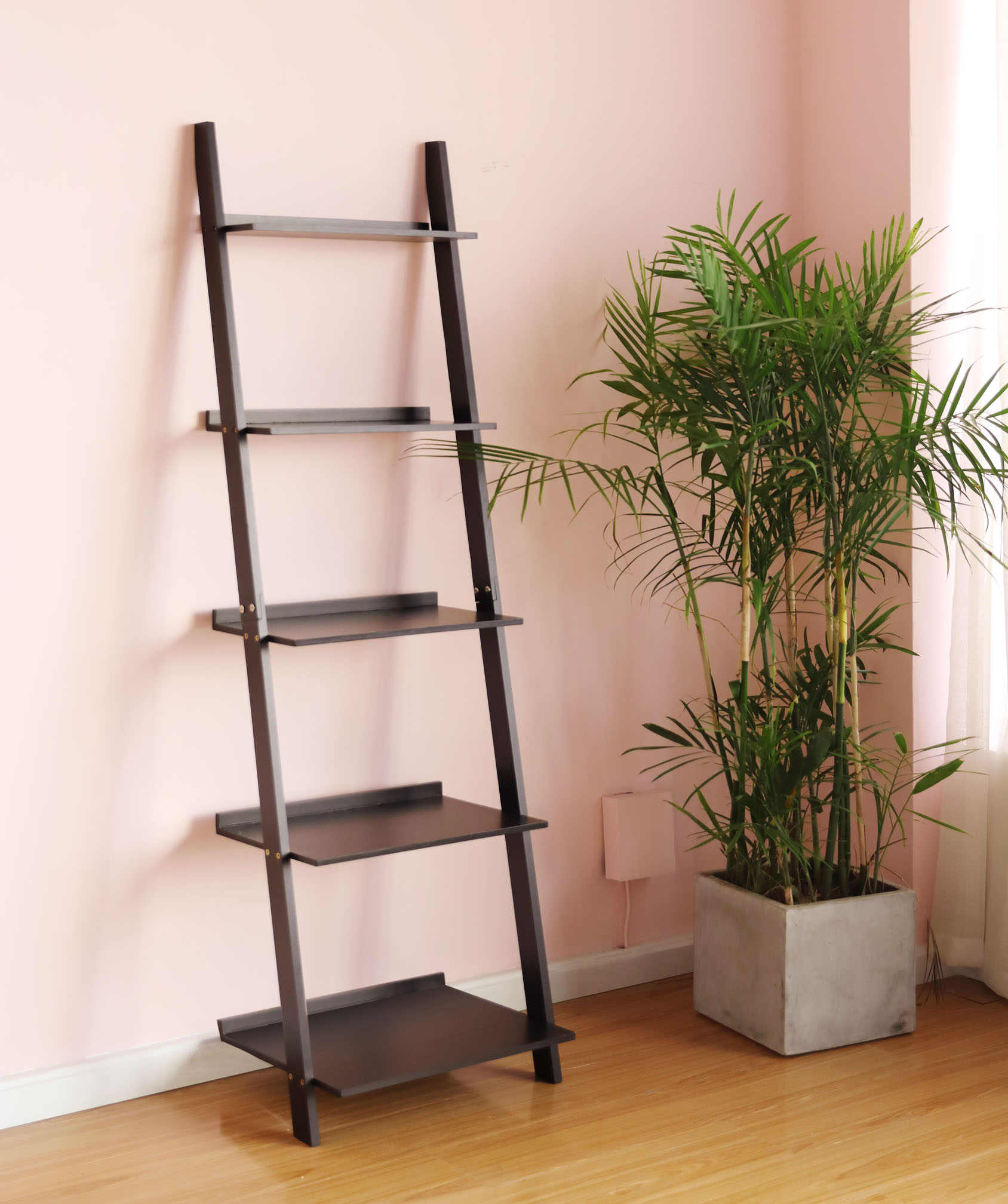 HYNAWIN Ladder Shelf Bookcase,5-Tier Bamboo Storage Rack Shelves Wall Leaning Shelf Unit,FreeStanding Plant Stand, Corner Display Shelves for Living Room, Bathroom, Kitchen, Office(65in)