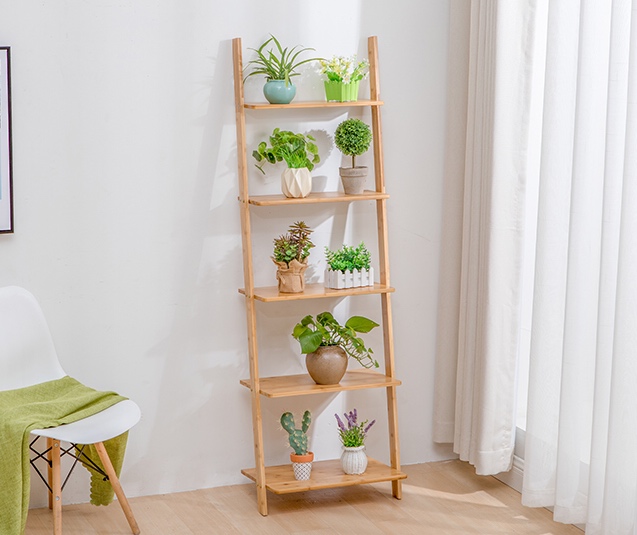 HYNAWIN Ladder Shelf Bookcase,5-Tier Bamboo Storage Rack Shelves Wall Leaning Shelf Unit,FreeStanding Plant Stand, Corner Display Shelves for Living Room, Bathroom, Kitchen, Office(65in)