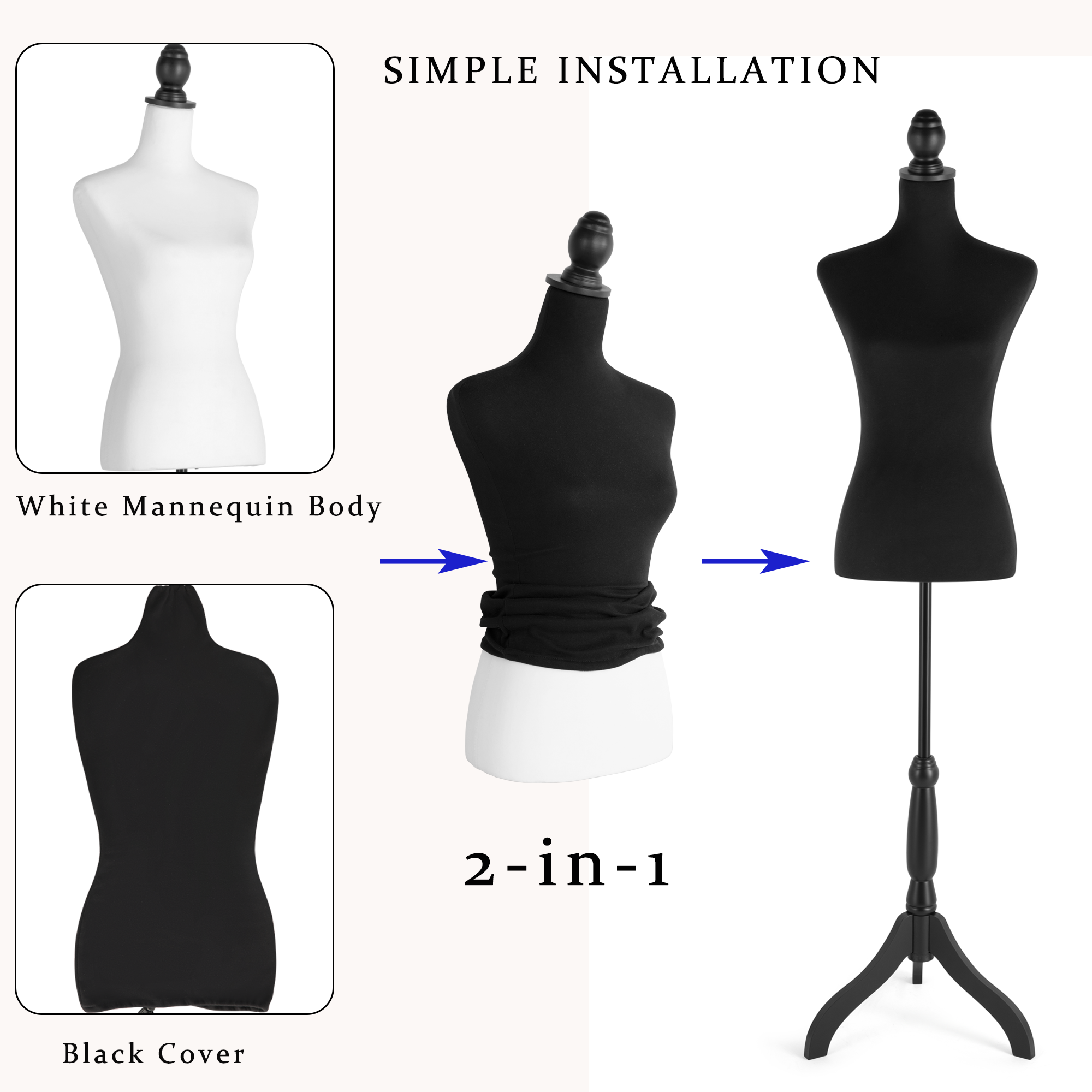 Female Dress Form White Mannequin Body w/ Detachable Black Torso Cover Mannequin Torso with Adjustable Tripod Stand for Clothing Dress Jewelry Display