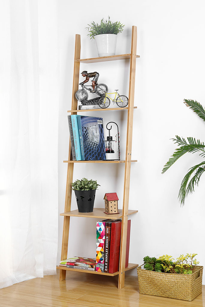 HYNAWIN Ladder Shelf Bookcase,5-Tier Bamboo Storage Rack Shelves Wall Leaning Shelf Unit,FreeStanding Plant Stand, Corner Display Shelves for Living Room, Bathroom, Kitchen, Office(65in)