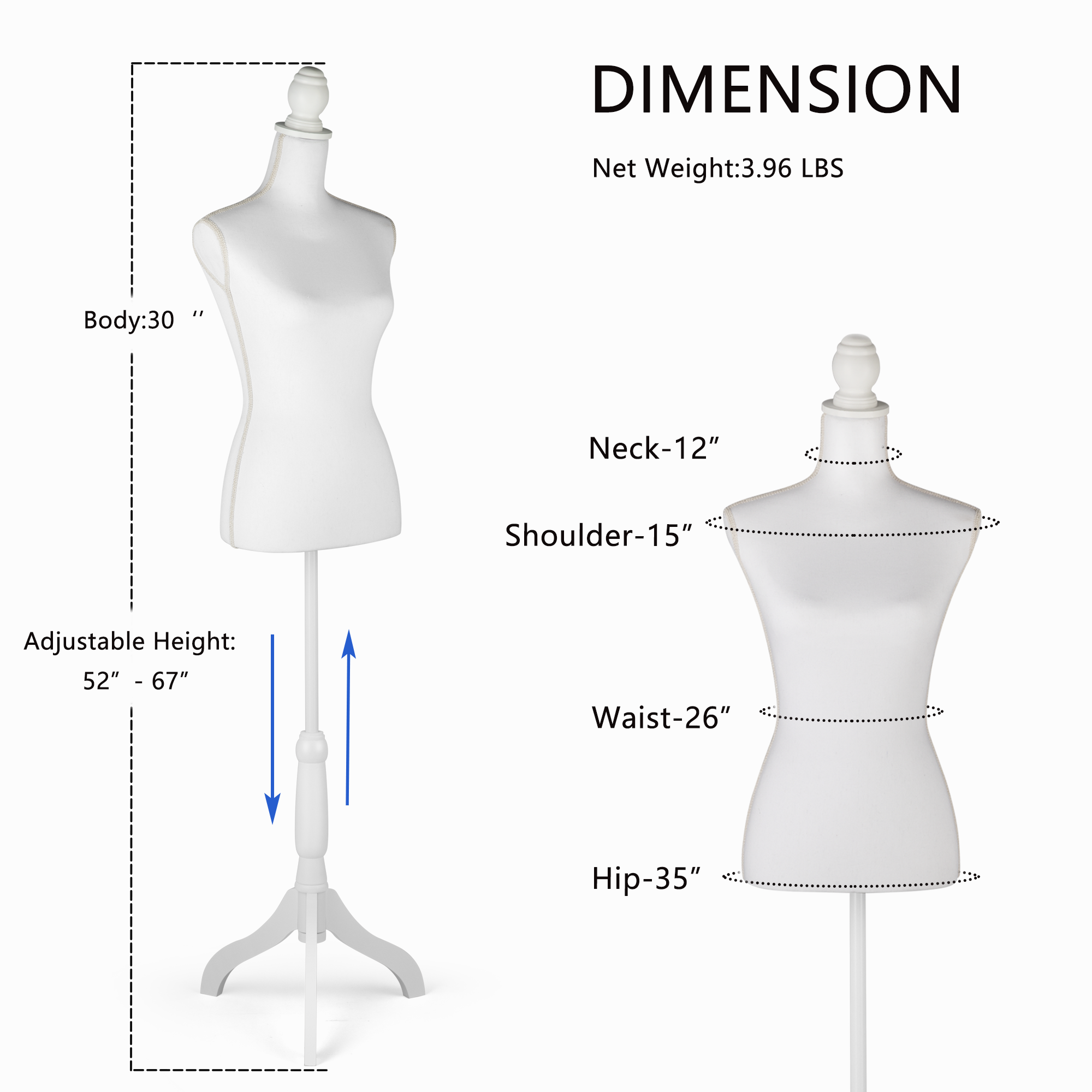 Female Dress Form Mannequin Torso White Mannequin Body with White Torso Cover and Adjustable Tripod Stand for Clothing Dress Jewelry Display