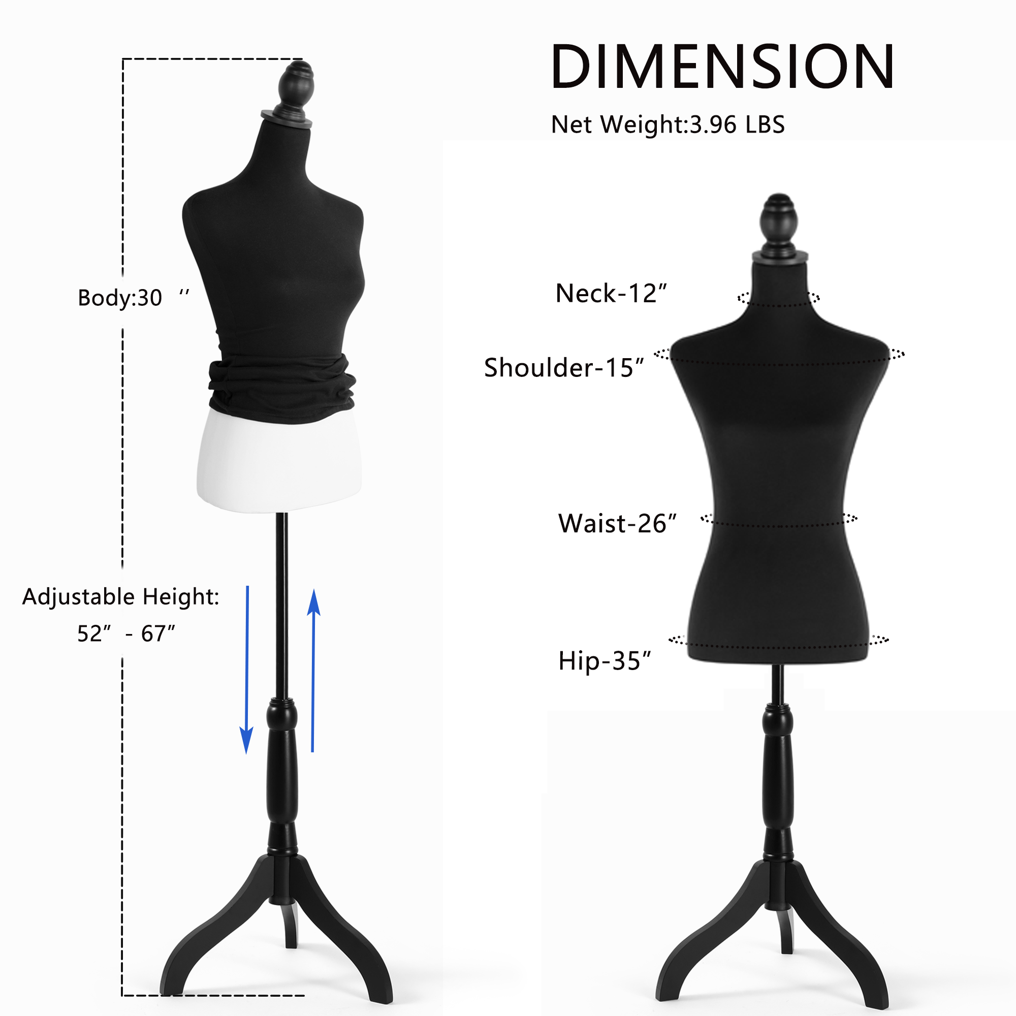 Female Dress Form White Mannequin Body w/ Detachable Black Torso Cover Mannequin Torso with Adjustable Tripod Stand for Clothing Dress Jewelry Display