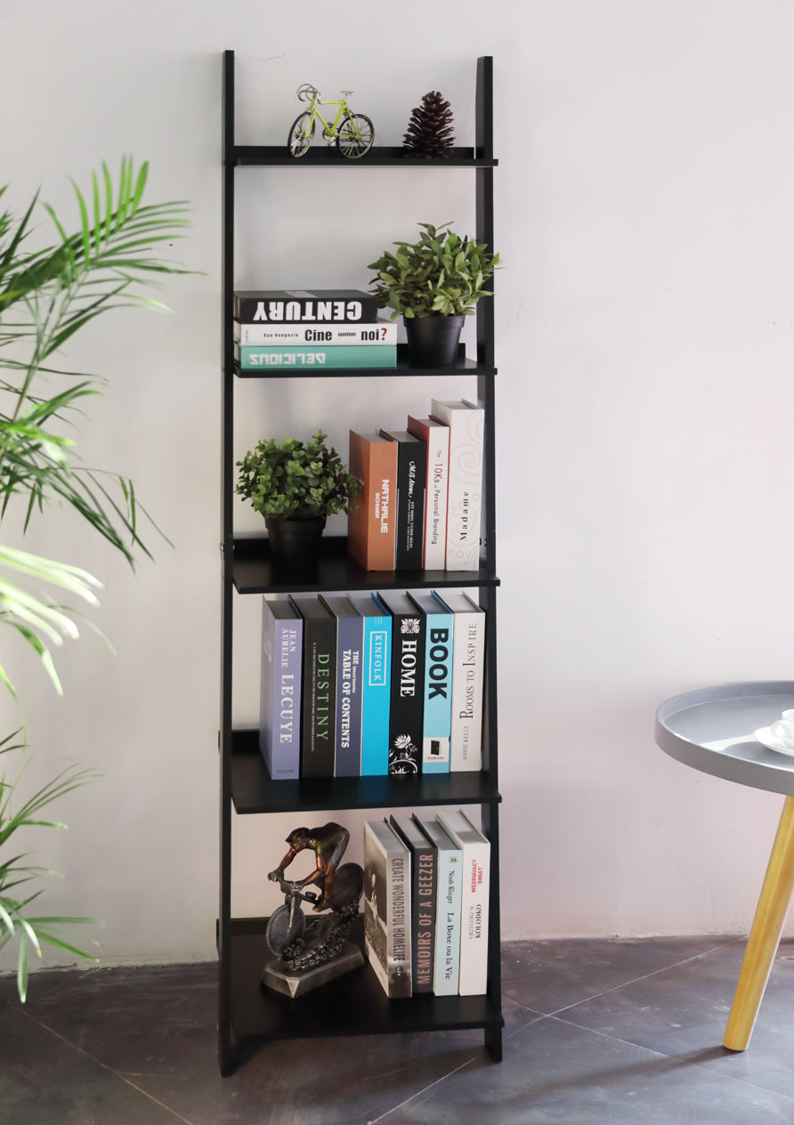 HYNAWIN Ladder Shelf Bookcase,5-Tier Bamboo Storage Rack Shelves Wall Leaning Shelf Unit,FreeStanding Plant Stand, Corner Display Shelves for Living Room, Bathroom, Kitchen, Office(65in)