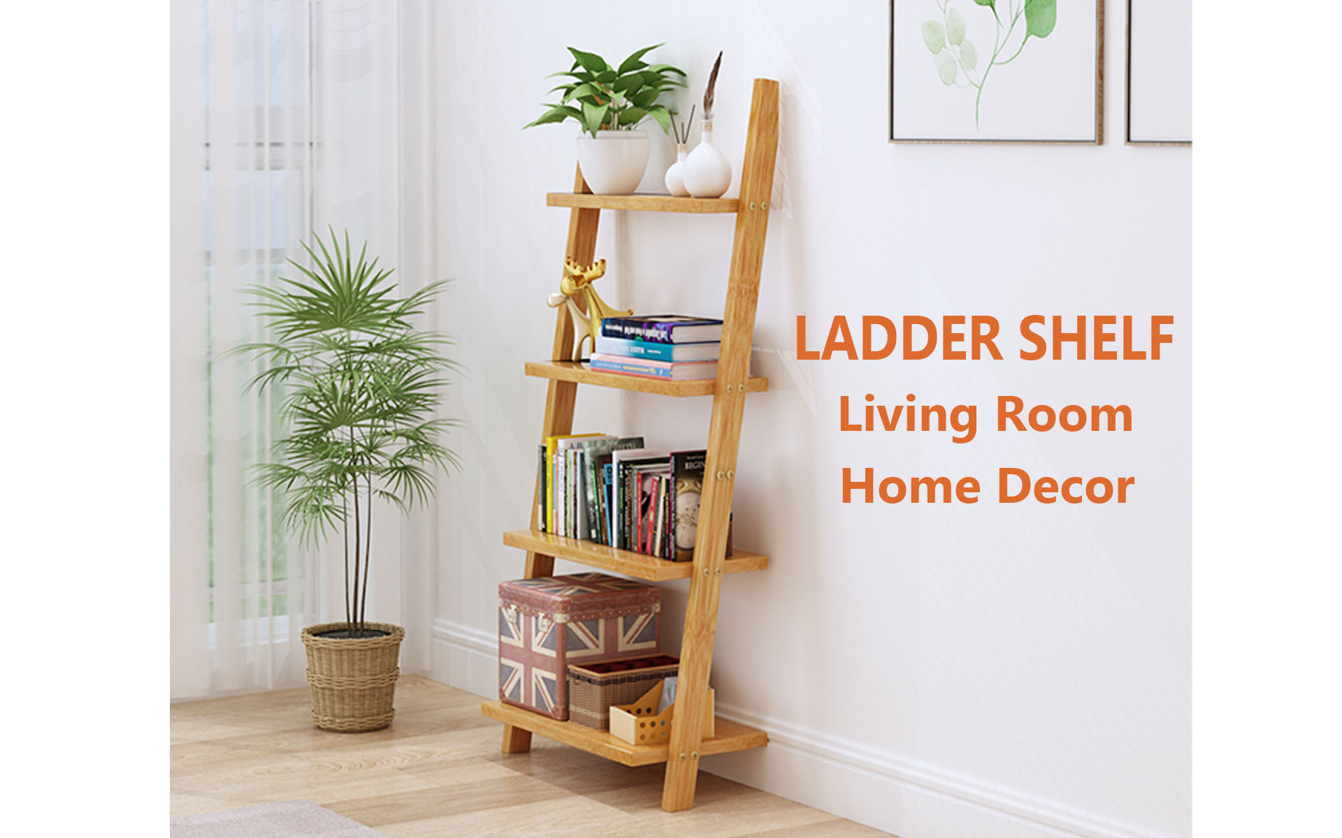 HYNAWIN Ladder Shelf Bookcase,5-Tier Bamboo Storage Rack Shelves Wall Leaning Shelf Unit,FreeStanding Plant Stand, Corner Display Shelves for Living Room, Bathroom, Kitchen, Office(65in)