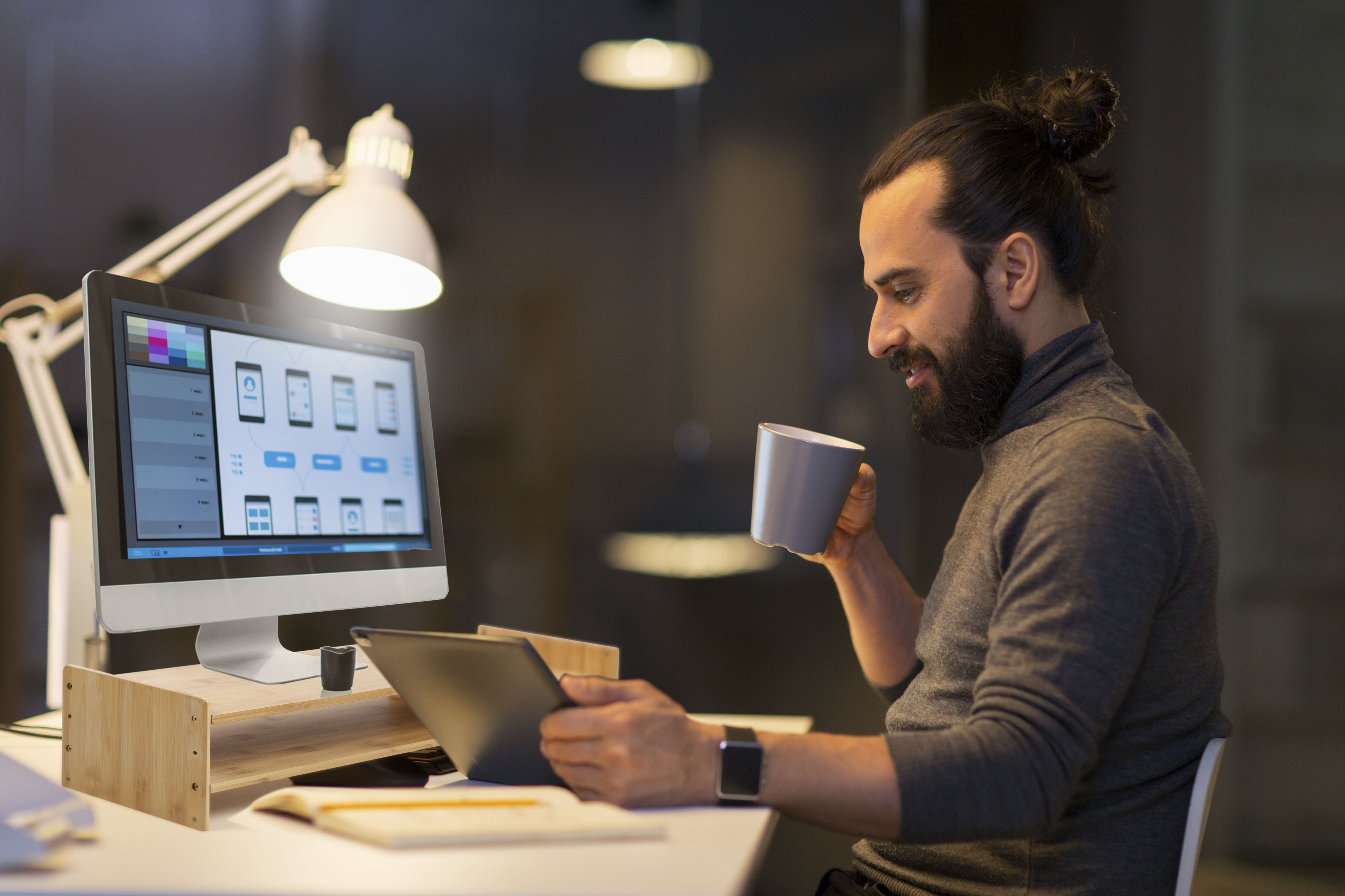 Monitor Stand Riser Desk Organizer-Bamboo 2 Tier Laptop Stand With Drawers, Adjustable Desktop Storage Organizer For Computer, Printer, Cellphone-Use In Office,Home /Reduce Neck &Eye Strain(Basic)