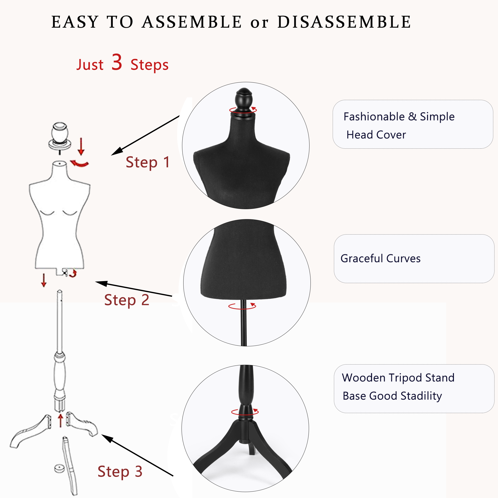 Female Dress Form Mannequin Torso Adjustable Height Mannequin Body with Tripod Stand for Clothing Dress Jewelry Display, Black