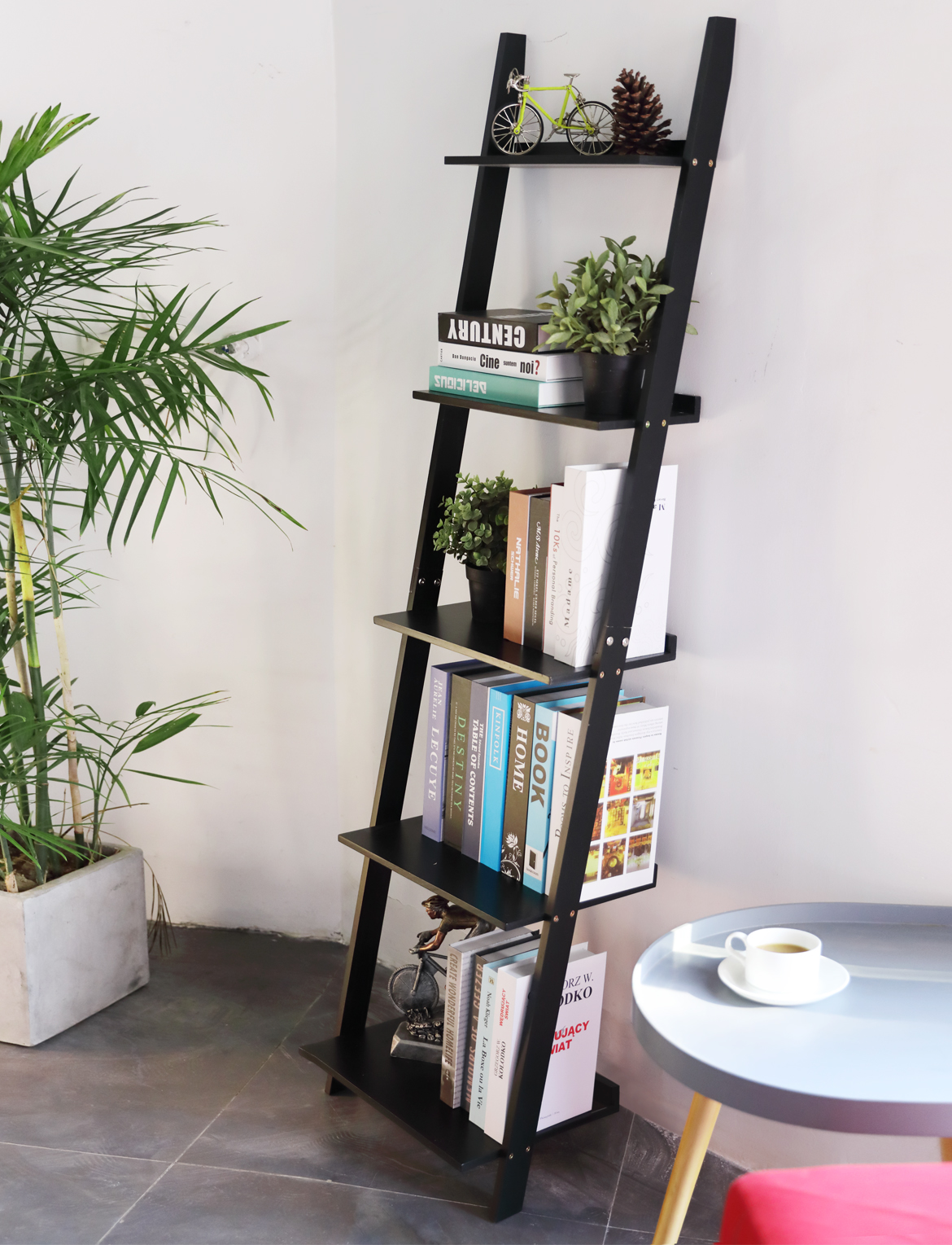 HYNAWIN Ladder Shelf Bookcase,5-Tier Bamboo Storage Rack Shelves Wall Leaning Shelf Unit,FreeStanding Plant Stand, Corner Display Shelves for Living Room, Bathroom, Kitchen, Office(65in)