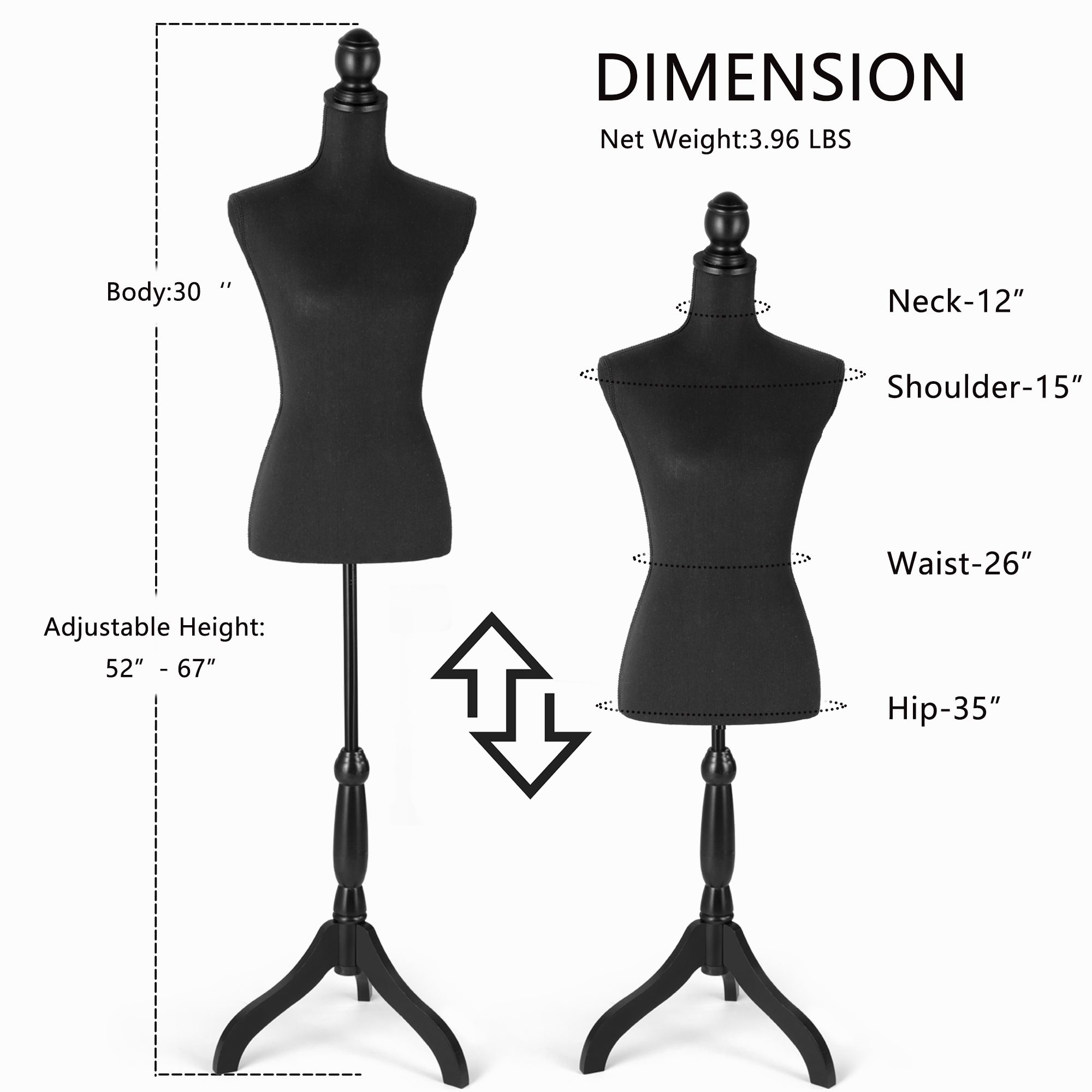 Female Dress Form Mannequin Torso Adjustable Height Mannequin Body with Tripod Stand for Clothing Dress Jewelry Display, Black