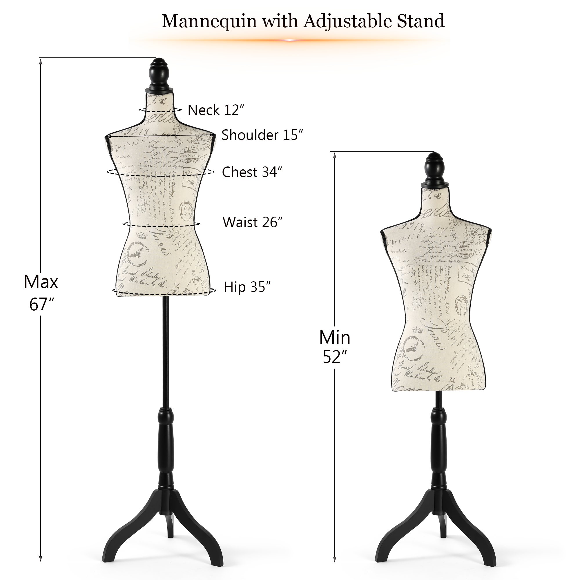 Female Dress Form Mannequin Torso Adjustable Height Mannequin Body with Tripod Stand for Clothing Dress Jewelry Display, Beige Printing
