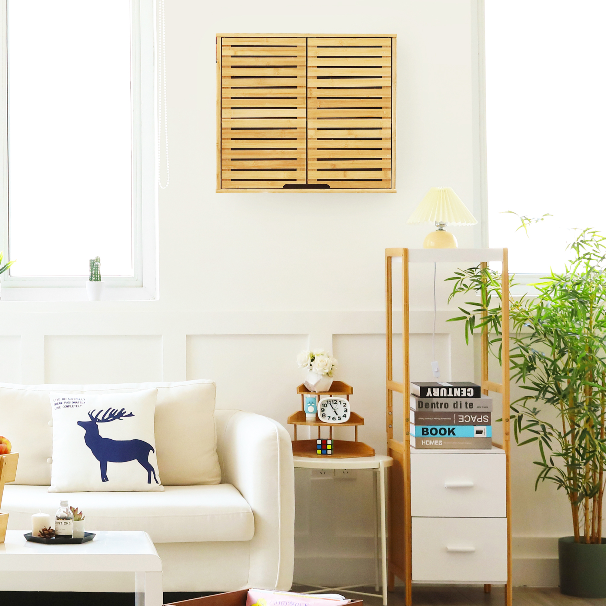 HYNAWIN Bamboo 2 Tier Bathroom Wall Cabinet with Adjustable Shelf, Double Door Cabinet for Bathroom, Living Room (20.28'' Height)