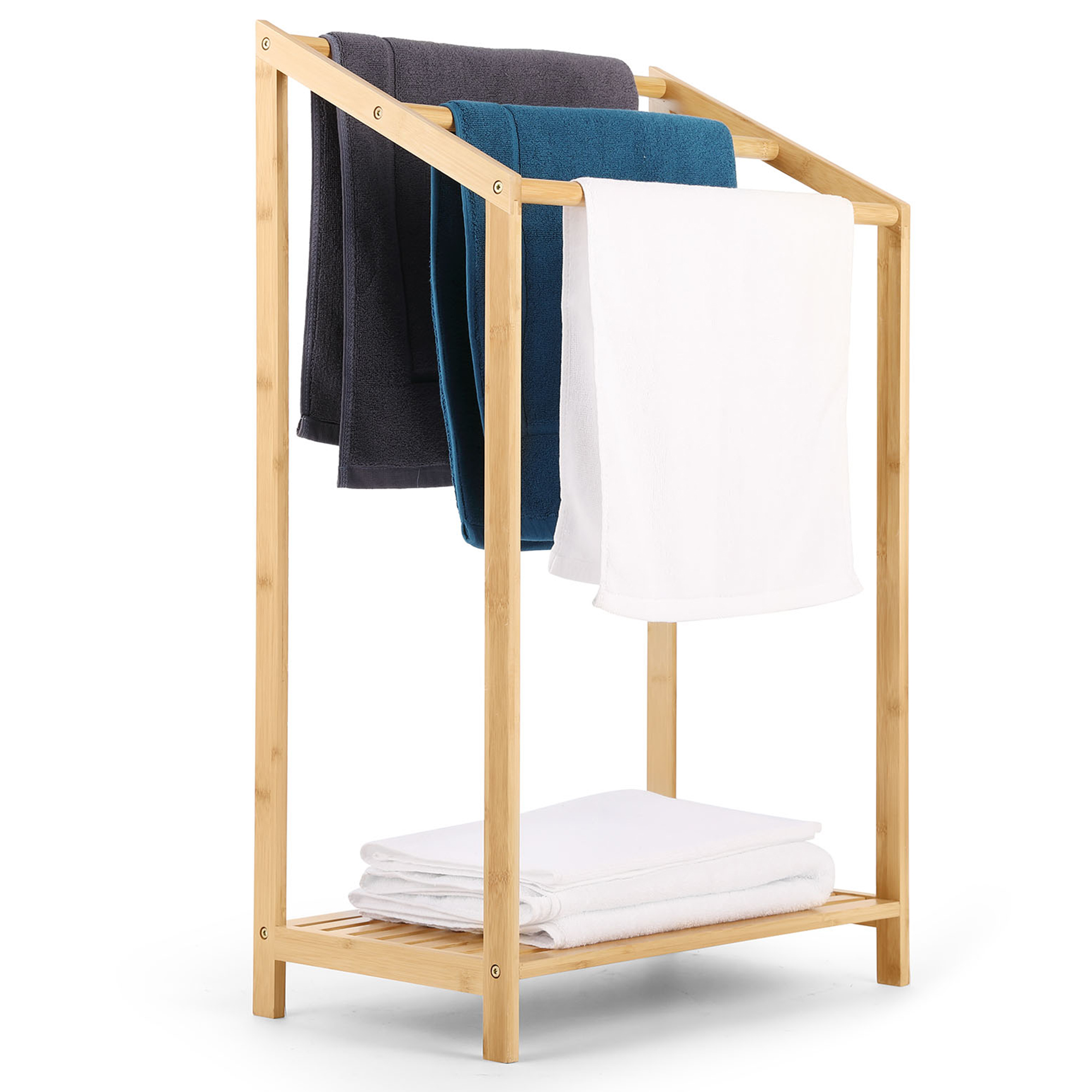 HYNAWIN Bamboo 3 Tier Towel Rack for Bathroom, Free Standing Beach Towel with Storage Shelf, Poolside Rack with Bottom Organizer for Bath, Hand Towel, Laundry