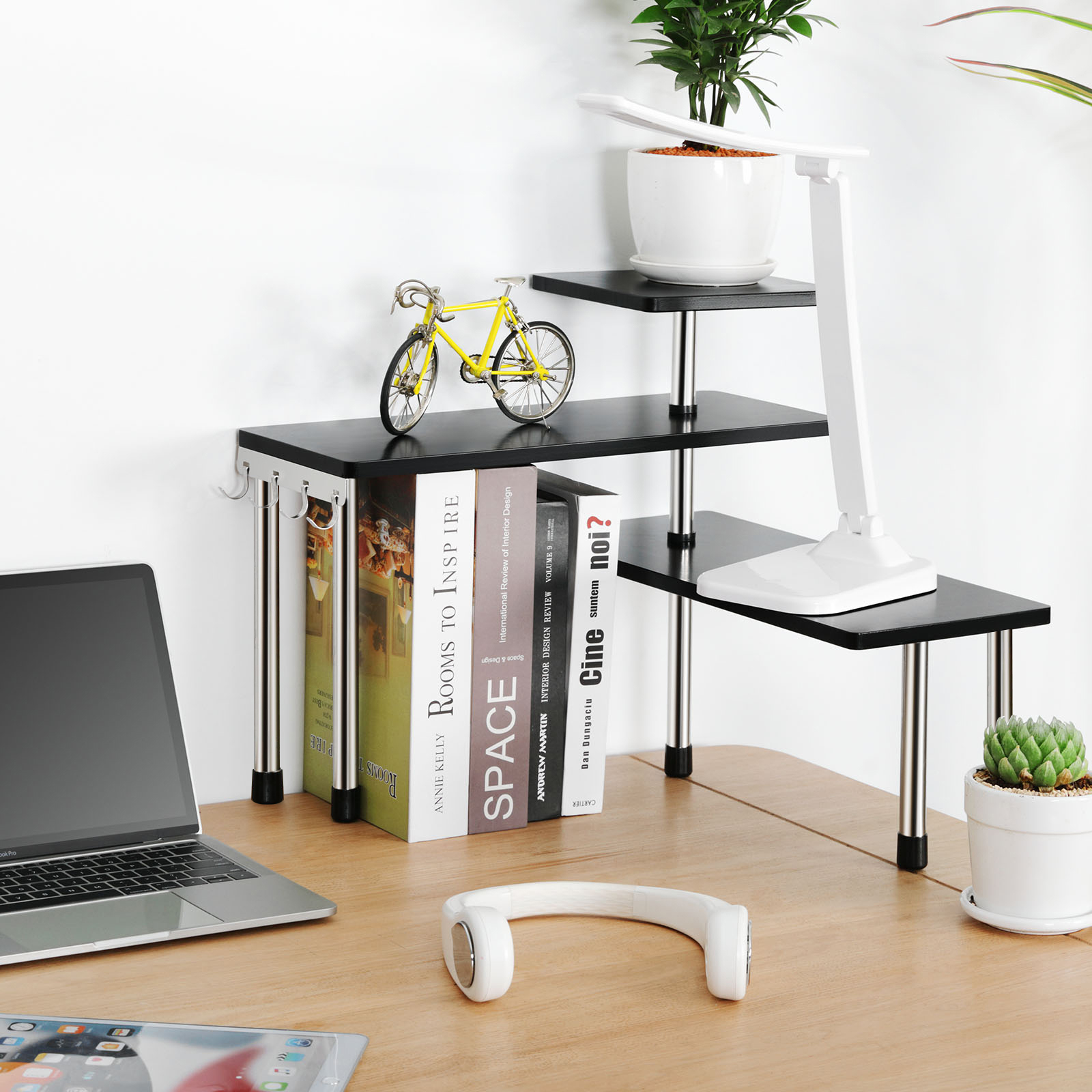 HYNAWIN 3 Tier Corner Shelf Bamboo & Metal Storage Spice Rack-Desk Bookshelf Display Shelves Space Saving Organizer -Adjustable Rack for Kitchen,Bedroom, Office-Creative Home Décor with Hooks