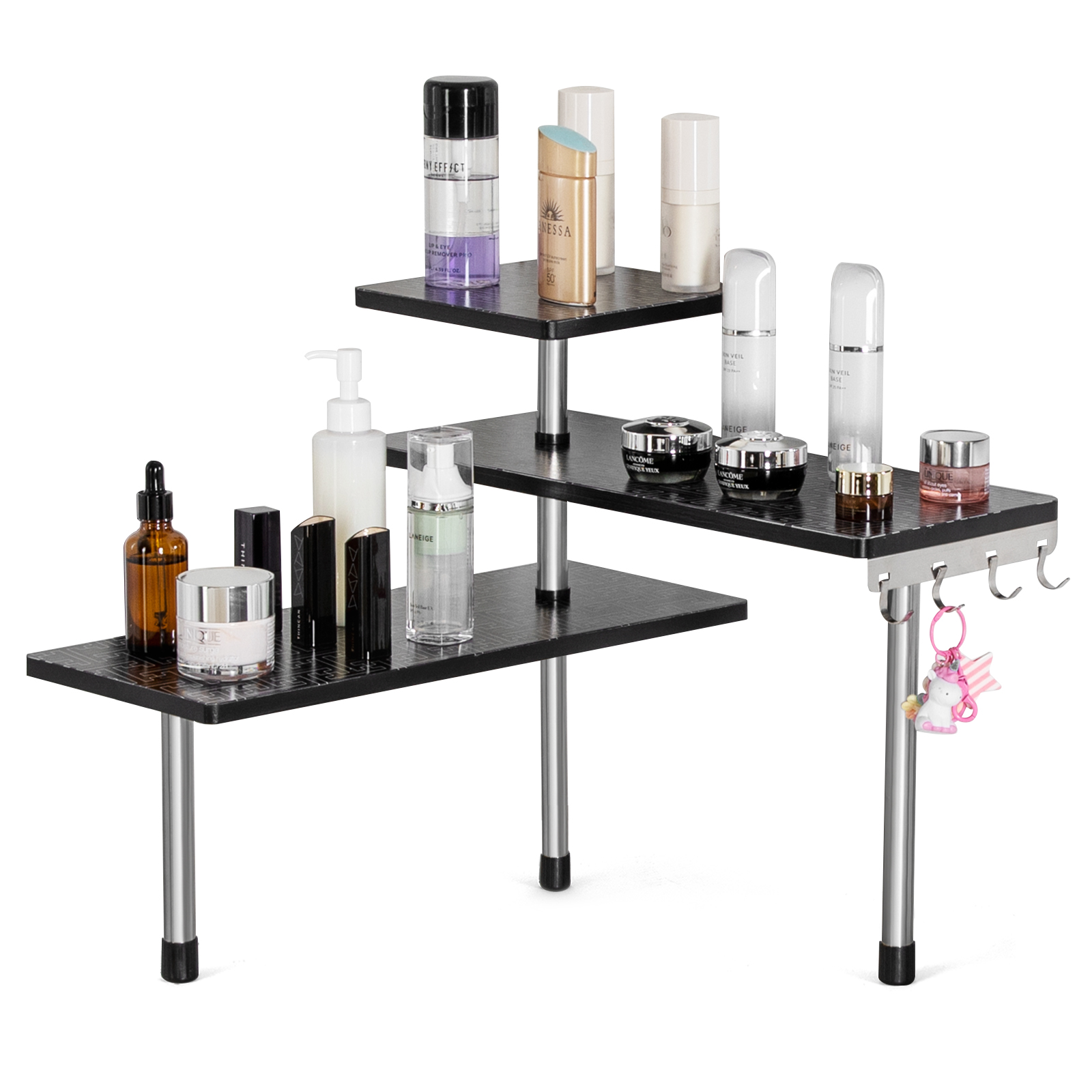 HYNAWIN 3-Tier Countertop Organizer Corner Shelves, Movable Corner Shelf, Corner Shelf Organizer with Hooks, for Kitchen, Bathroom Counter, Dresser Table, Office, Geometric