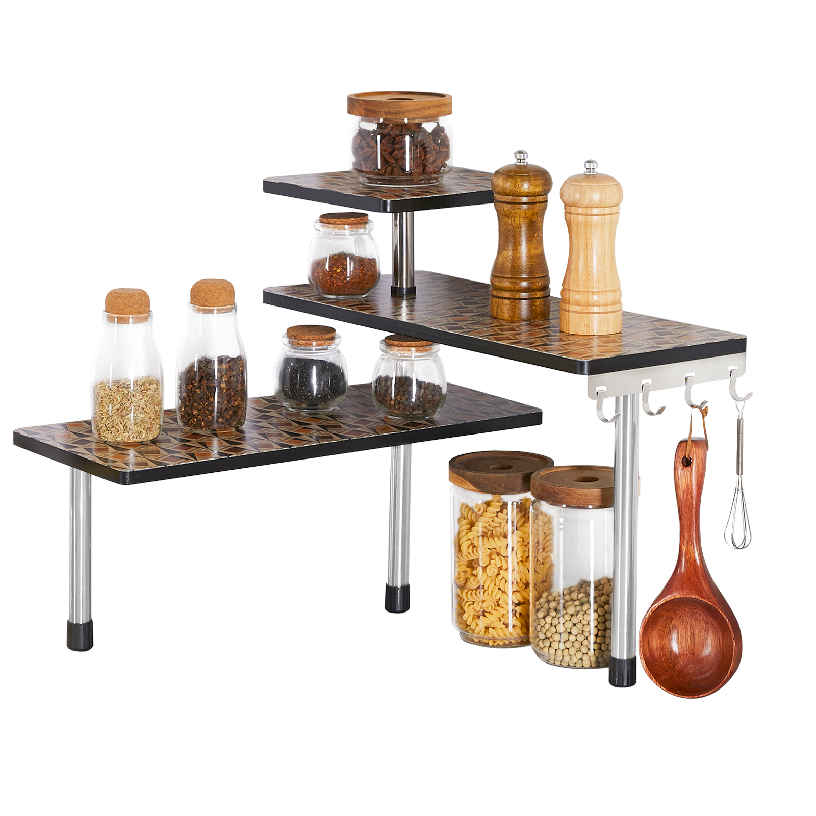 HYNAWIN 3 Tier Corner Shelf Bamboo & Metal Storage Spice Rack-Desk Bookshelf Display Shelves Space Saving Organizer 