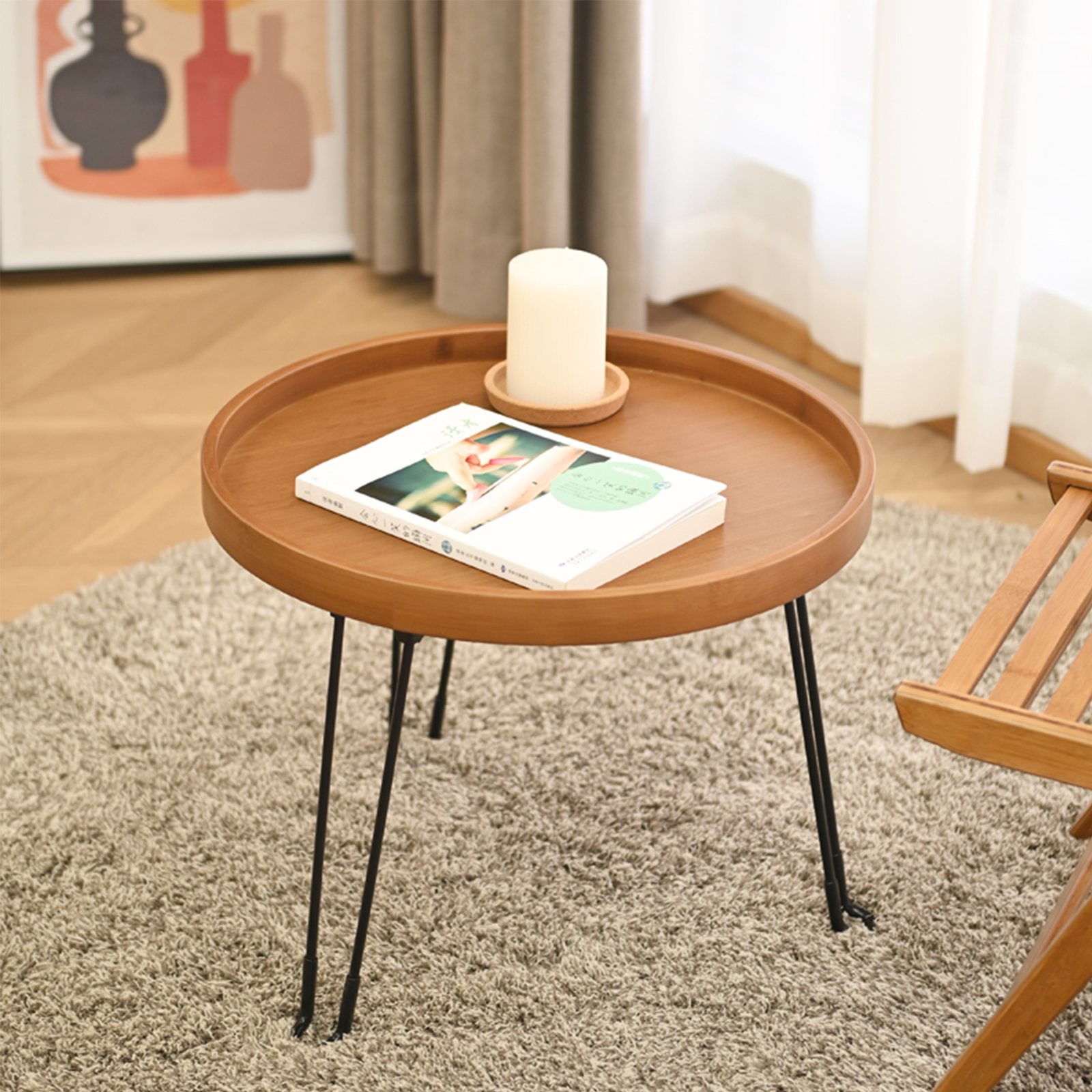 HYNAWIN Bamboo Folding Round Coffee Table, Japanese-Style Low Tea Table for Sitting on the Floor, Walnut Storage Desk for Living Room, 17.7"*17.7"Fordable Table with Metal Tripod