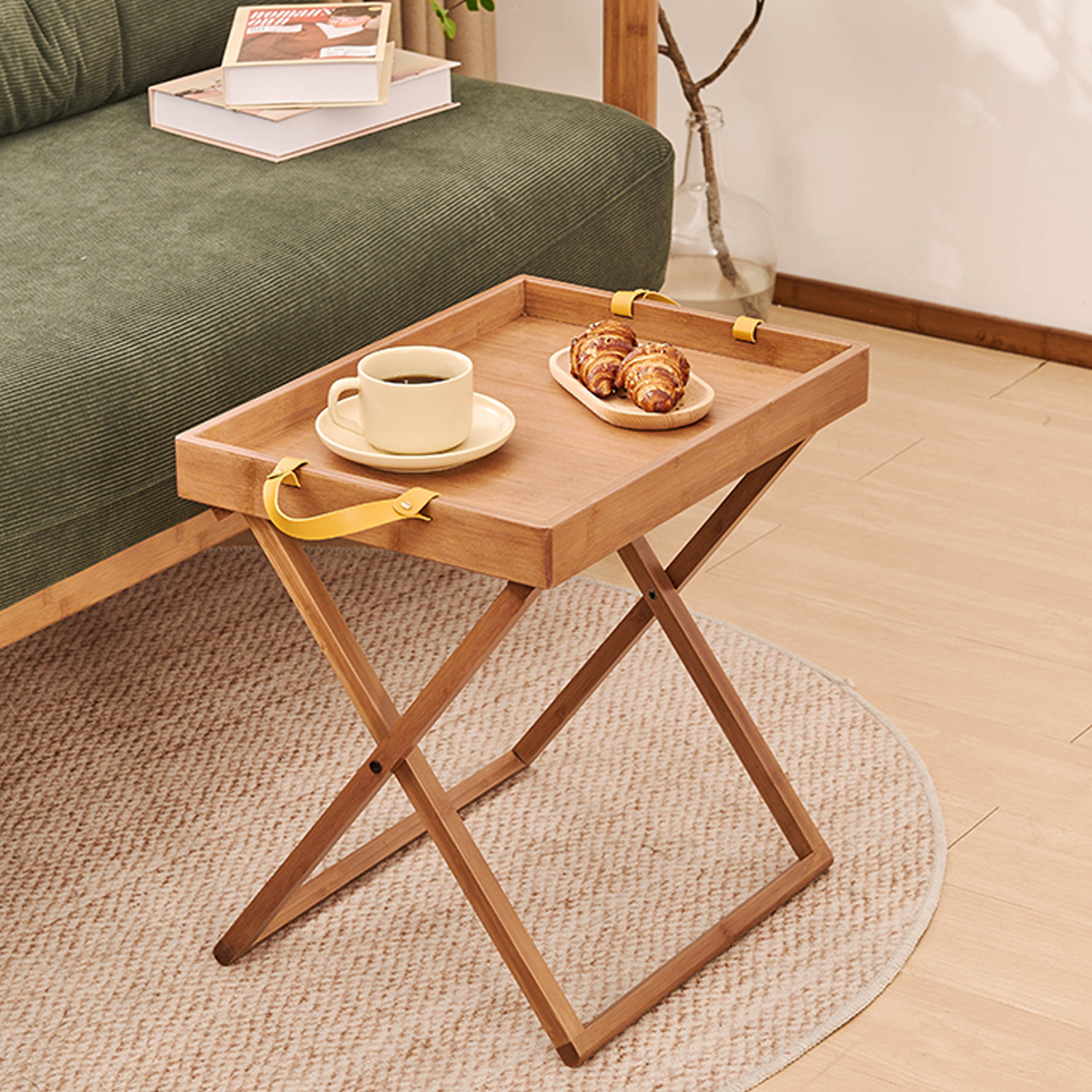 Portable Side Table,Folding Bamboo Breakfast and Snack Tray Table with Handle,Portable Camping Table