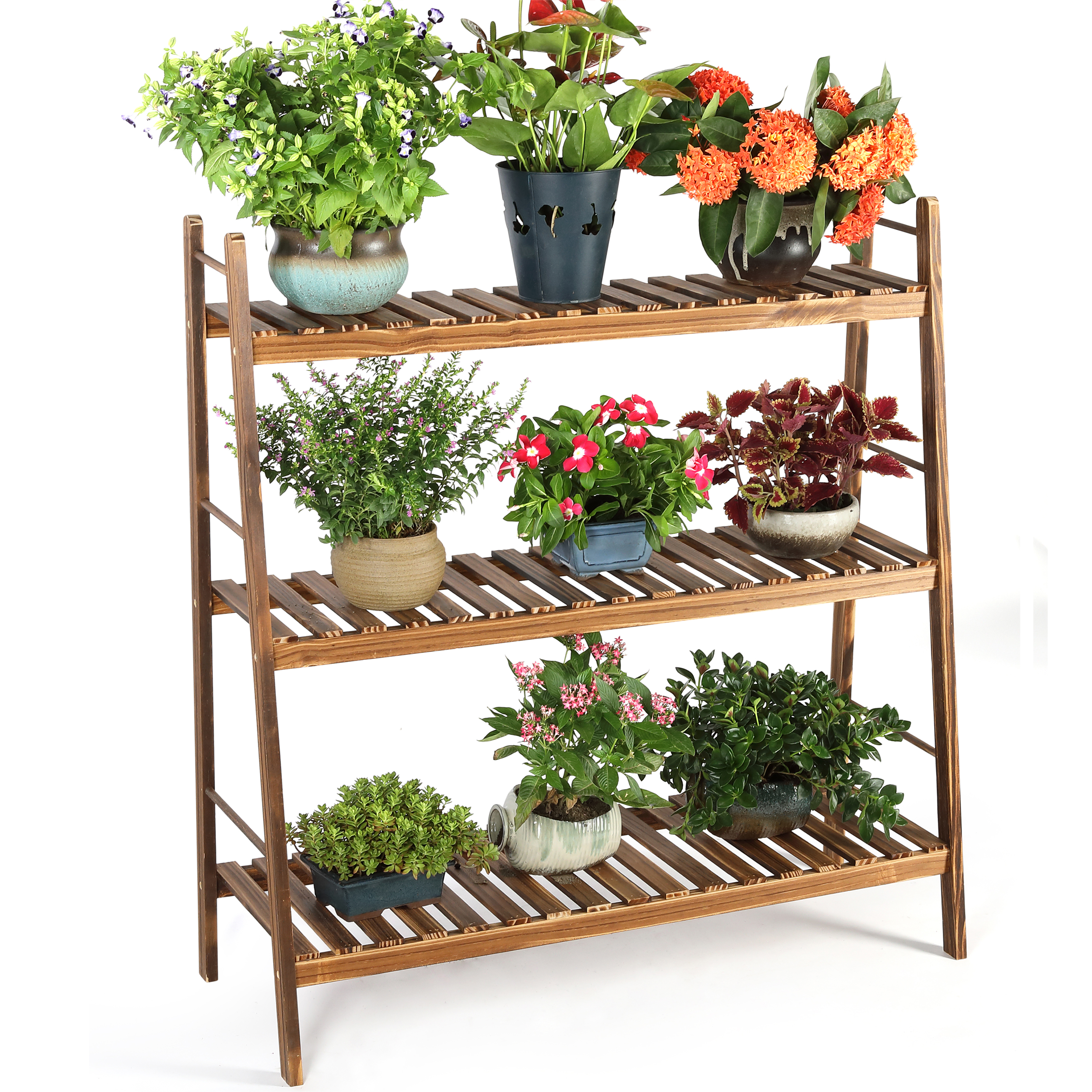 Wood Plant Stands, 3 Tiers Plant Rack, Carbonized Plant Holder, Vertical Tiered Plant Ladder Shelf, Indoor Outdoor Display Rack for Patio Garden Balcony Yard