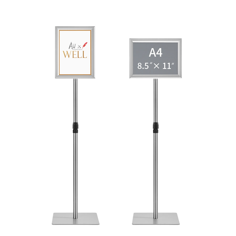 HYNAWIN Adjustable Floor Sign Stand Heavy Duty Pedestal Sign Holder Stand, Poster Stand with Aluminum Snap Open Frame for 8.5x11 Inches, Both Vertical and Horizontal View Sign Displayed,Grey