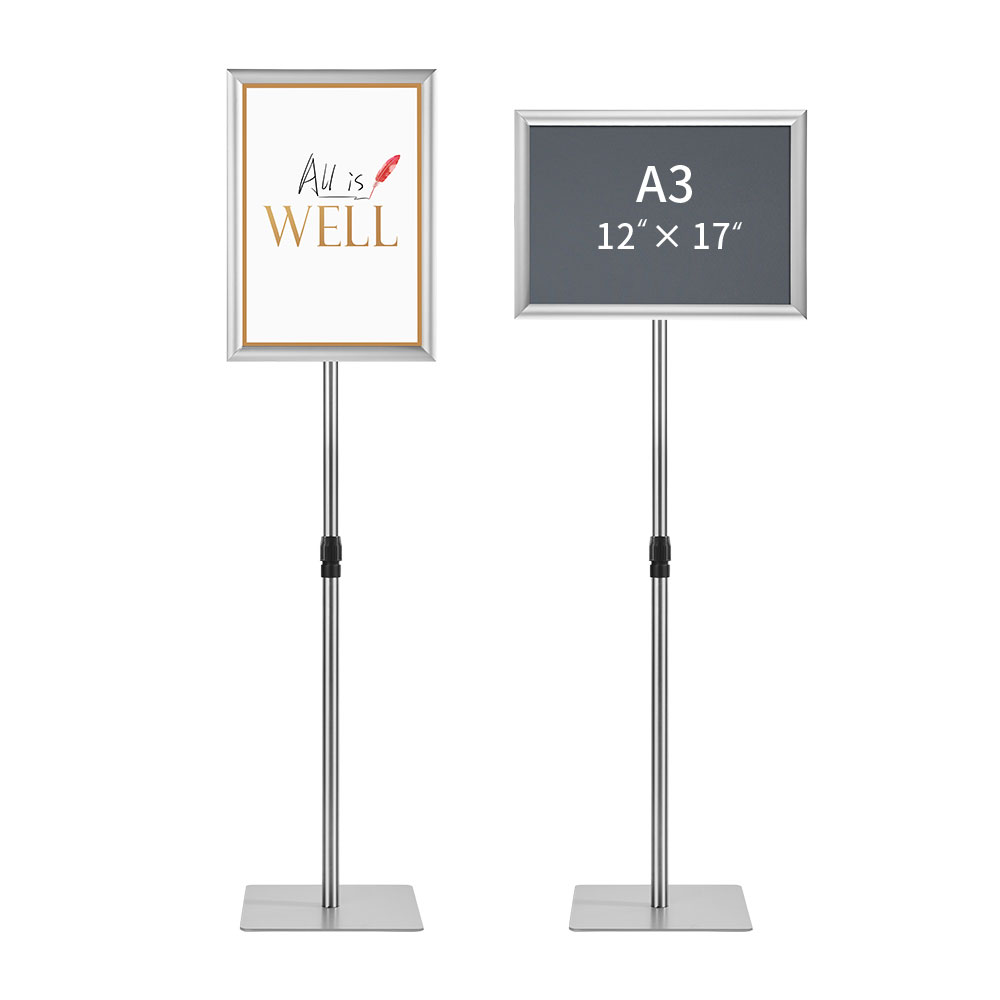 Adjustable Floor Sign Stand Heavy Duty Pedestal Sign Holder Stand, Poster Stand with Aluminum Snap Open Frame for 11x17 Inches , Both Vertical and Horizontal View Sign Displayed, Grey