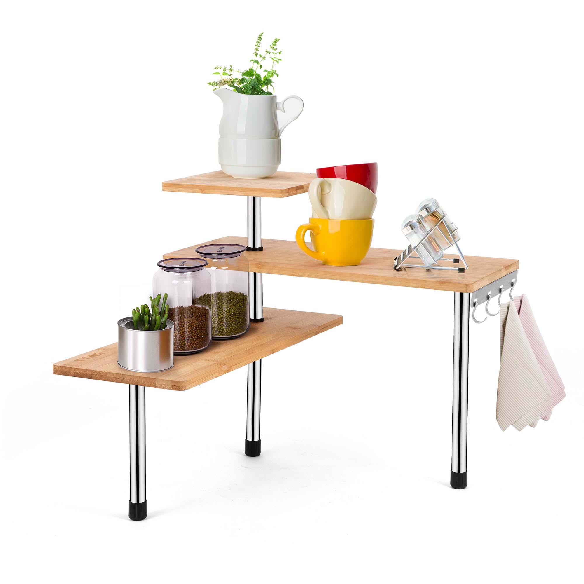 HYNAWIN 3 Tier Corner Shelf Bamboo & Metal Storage Spice Rack-Desk Bookshelf Display Shelves Space Saving Organizer