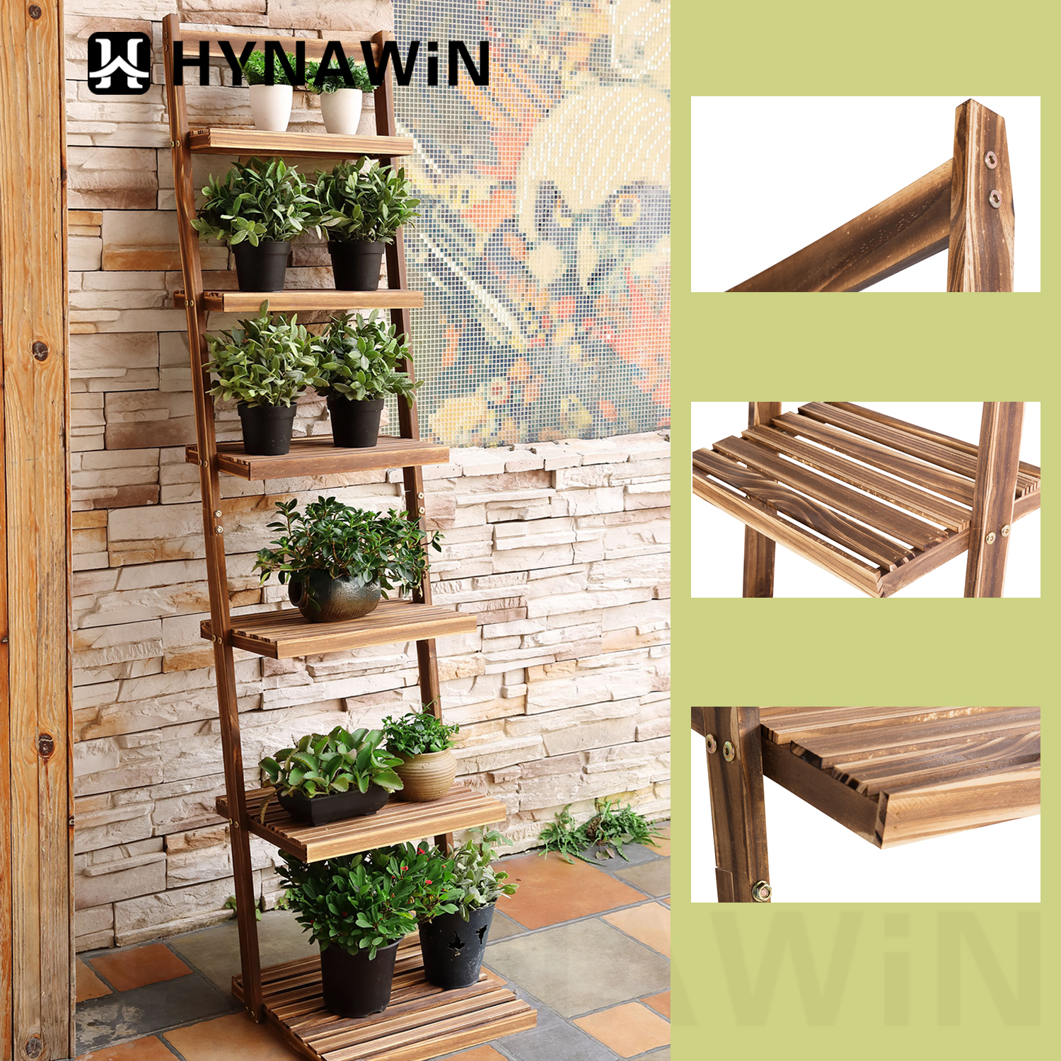 HYNAWIN Ladder Shelf Bookcase,5-Tier Bamboo Storage Rack Shelves Wall Leaning Shelf Unit,FreeStanding Plant Stand, Corner Display Shelves for Living Room, Bathroom, Kitchen, Office(65in)